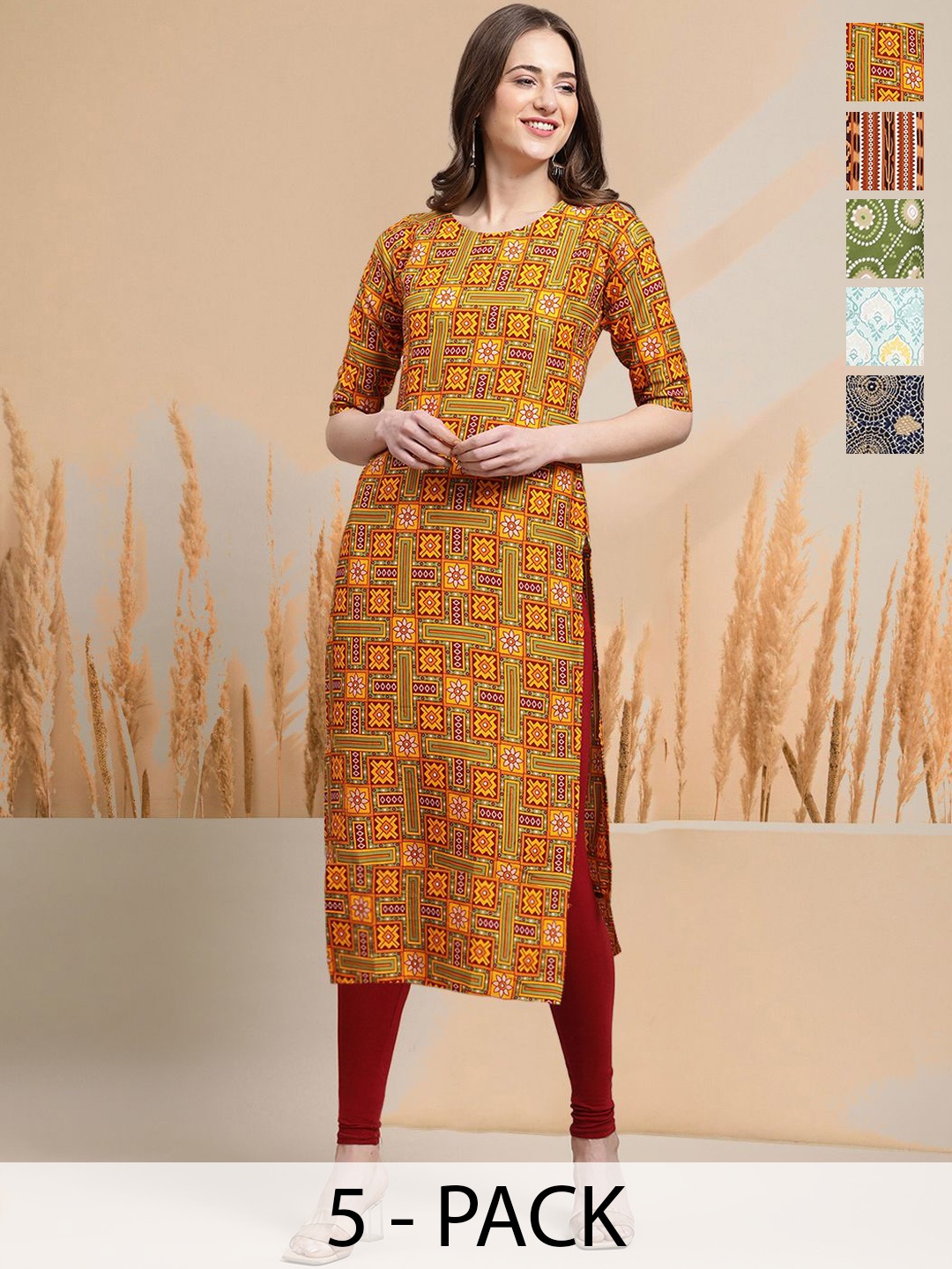 

7Threads Selection of 5 Ethnic Motifs Printed Round Neck Straight Kurtas, Mustard