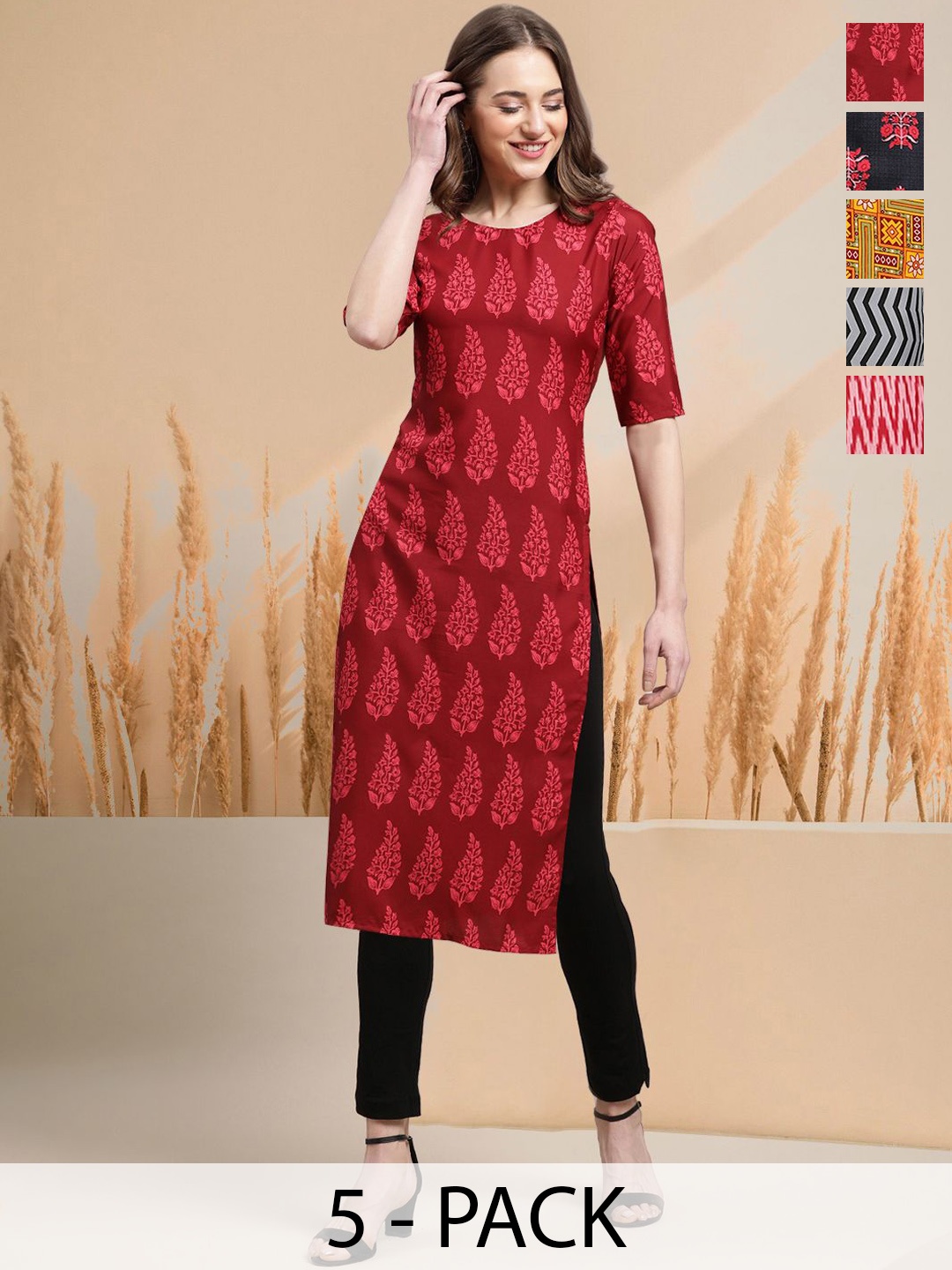 

7Threads Selection Of 5 Ethnic Motifs Printed Round Neck Straight Kurtas, Red