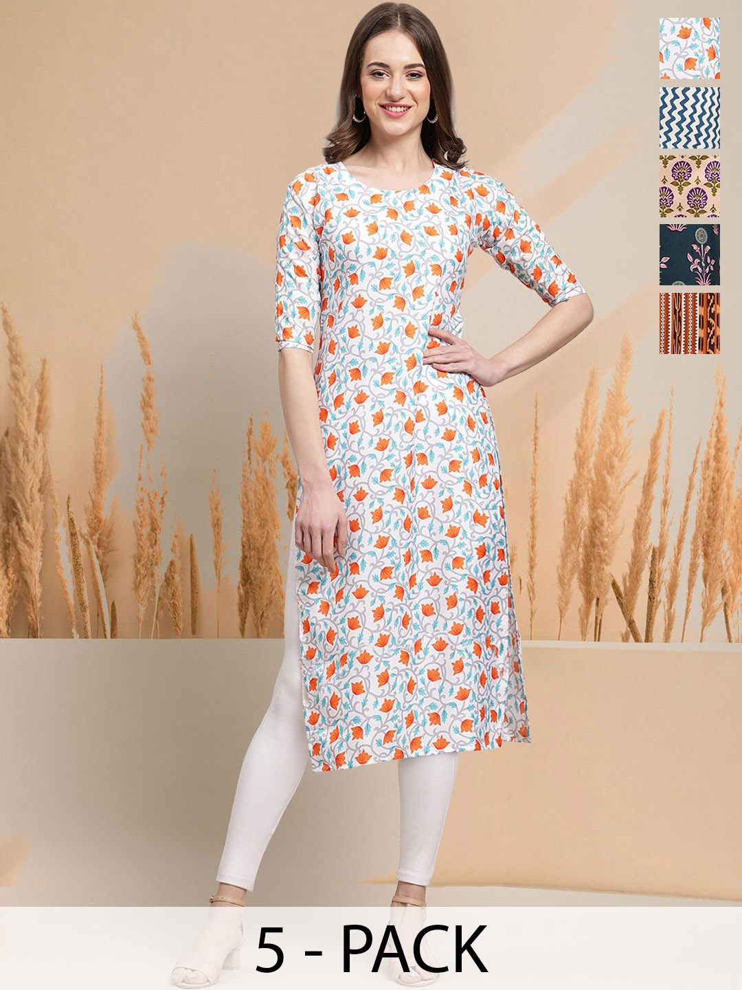 

7Threads Selection Of 5 Floral Printed Round Neck Straight Kurtas, White