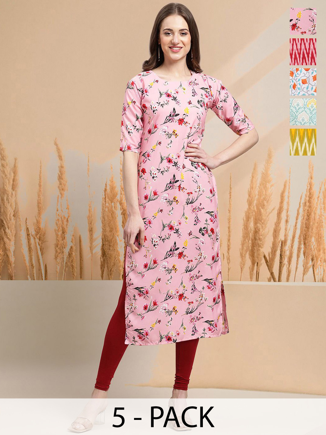 

7Threads Selection Of 5 Floral Printed Round Neck Straight Kurtas, Pink