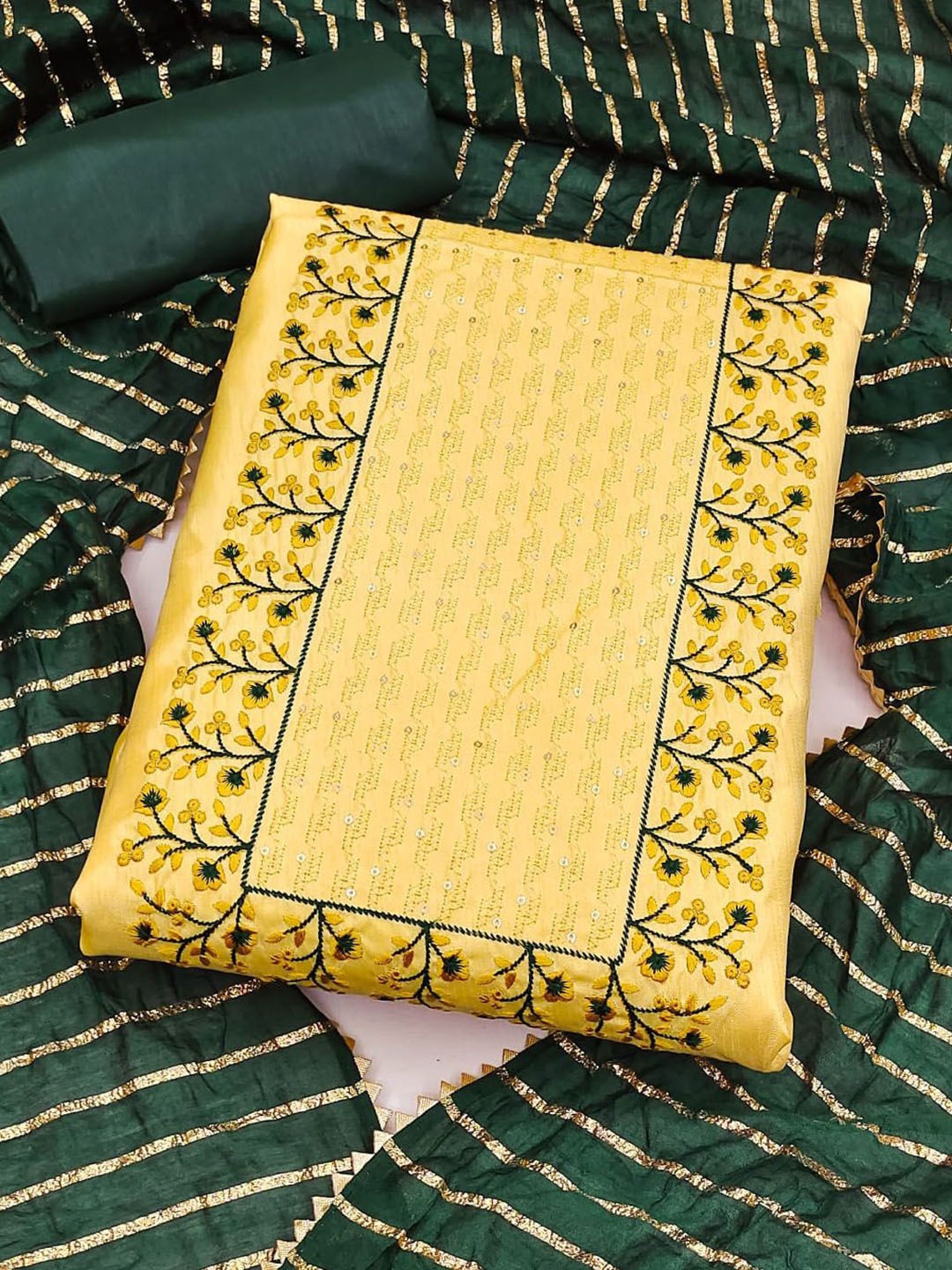 

A TO Z CART Floral Embroidered Sequinned Unstitched Dress Material, Yellow