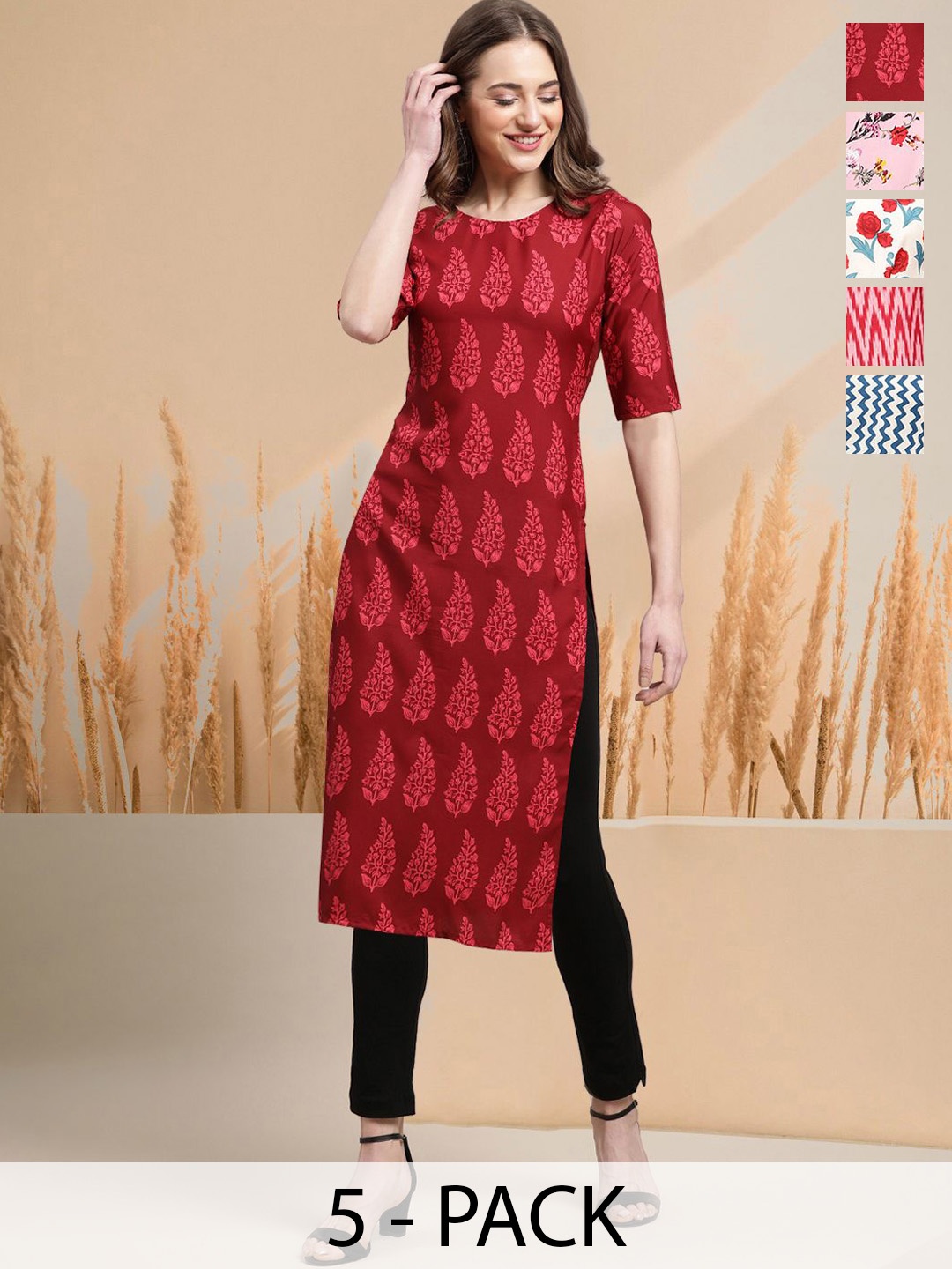 7Threads Selection of 5 Floral Printed Round Neck Straight Kurtas, Red