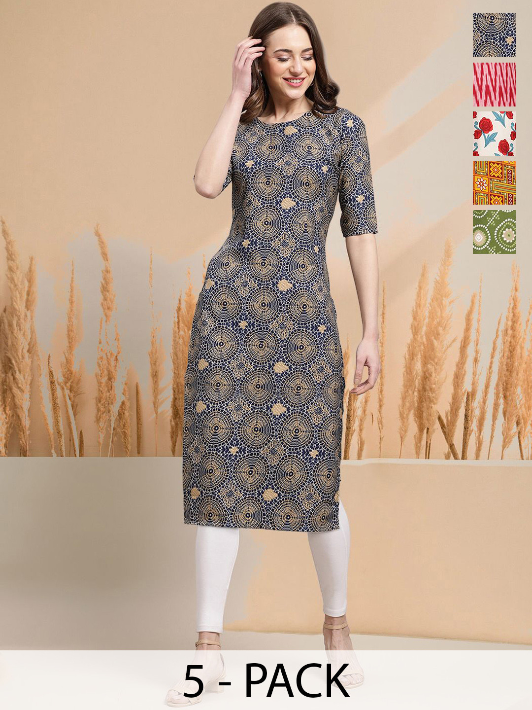 

7Threads Selection of 5 Floral Printed Round Neck Straight Kurtas, Navy blue
