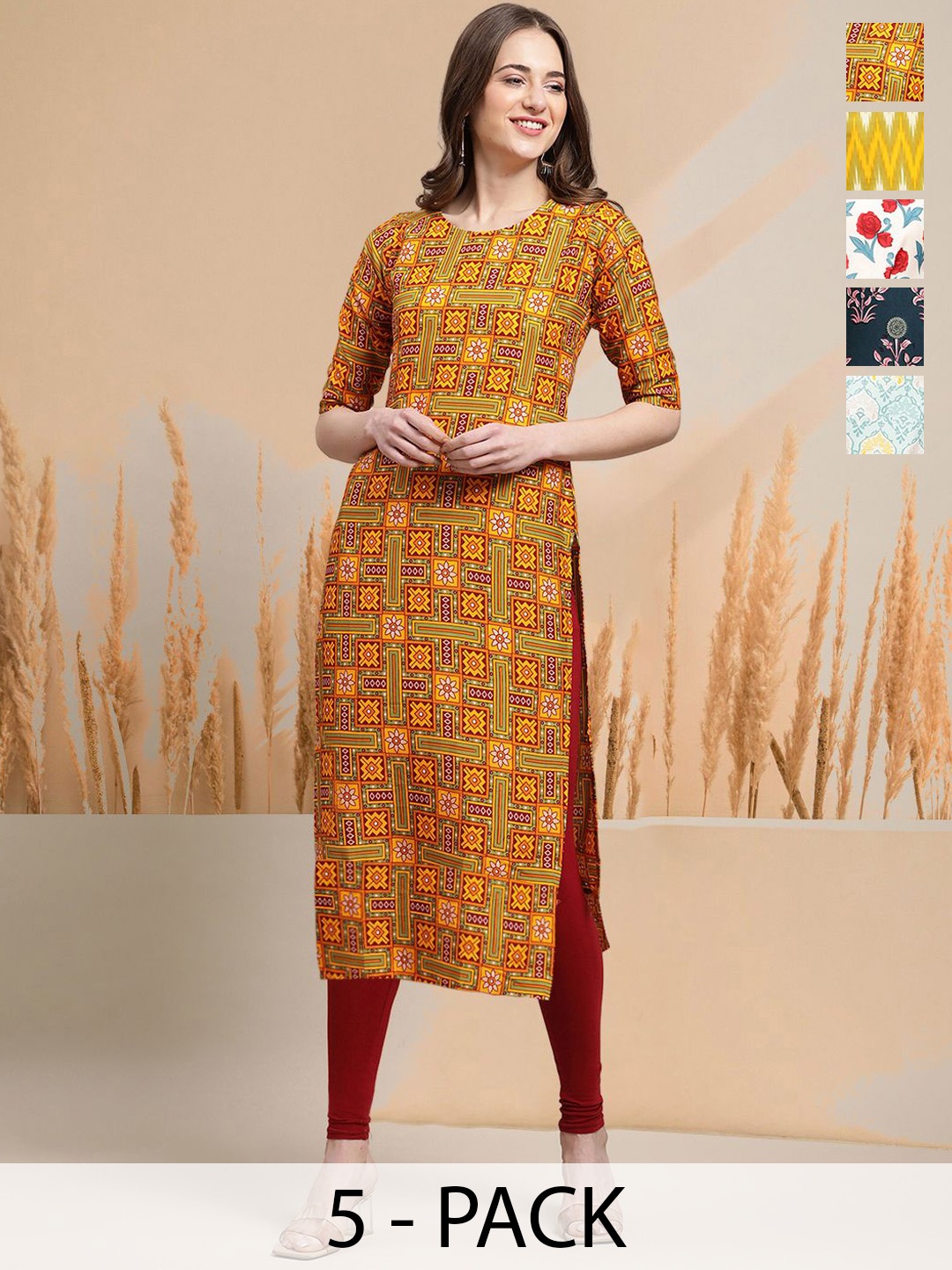 

7Threads Selection Of 5 Ethnic Motifs Printed Round Neck Straight Kurtas, Orange