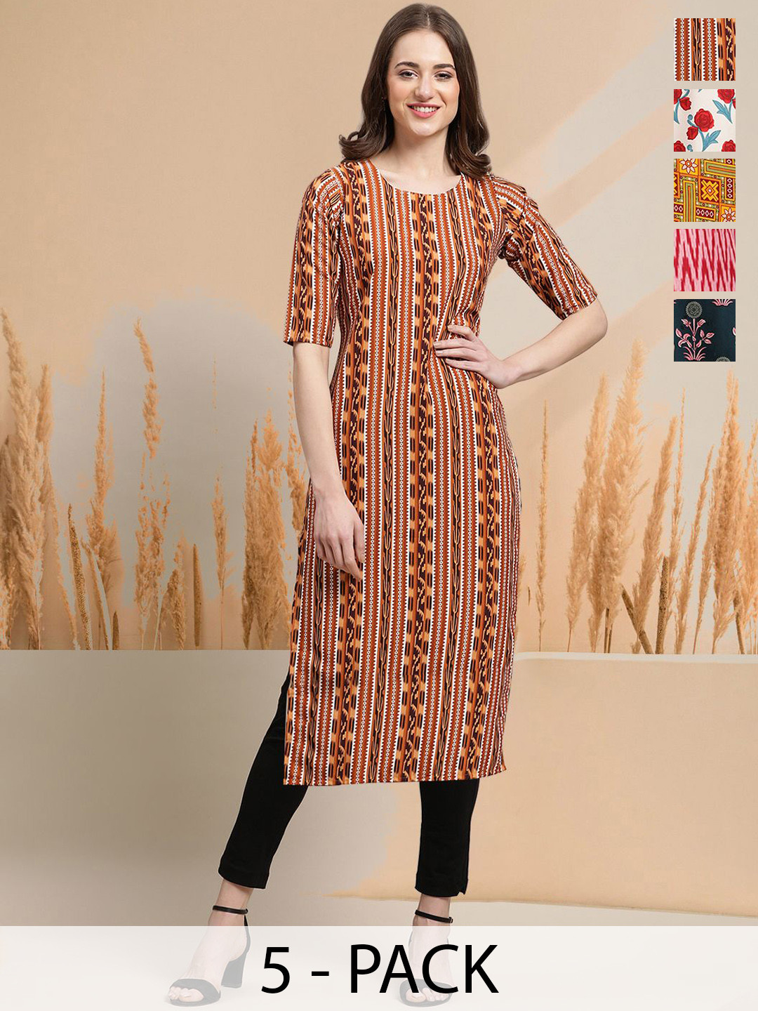 

7Threads Selection Of 5 Geometric Printed Round Neck Straight Kurtas, Brown