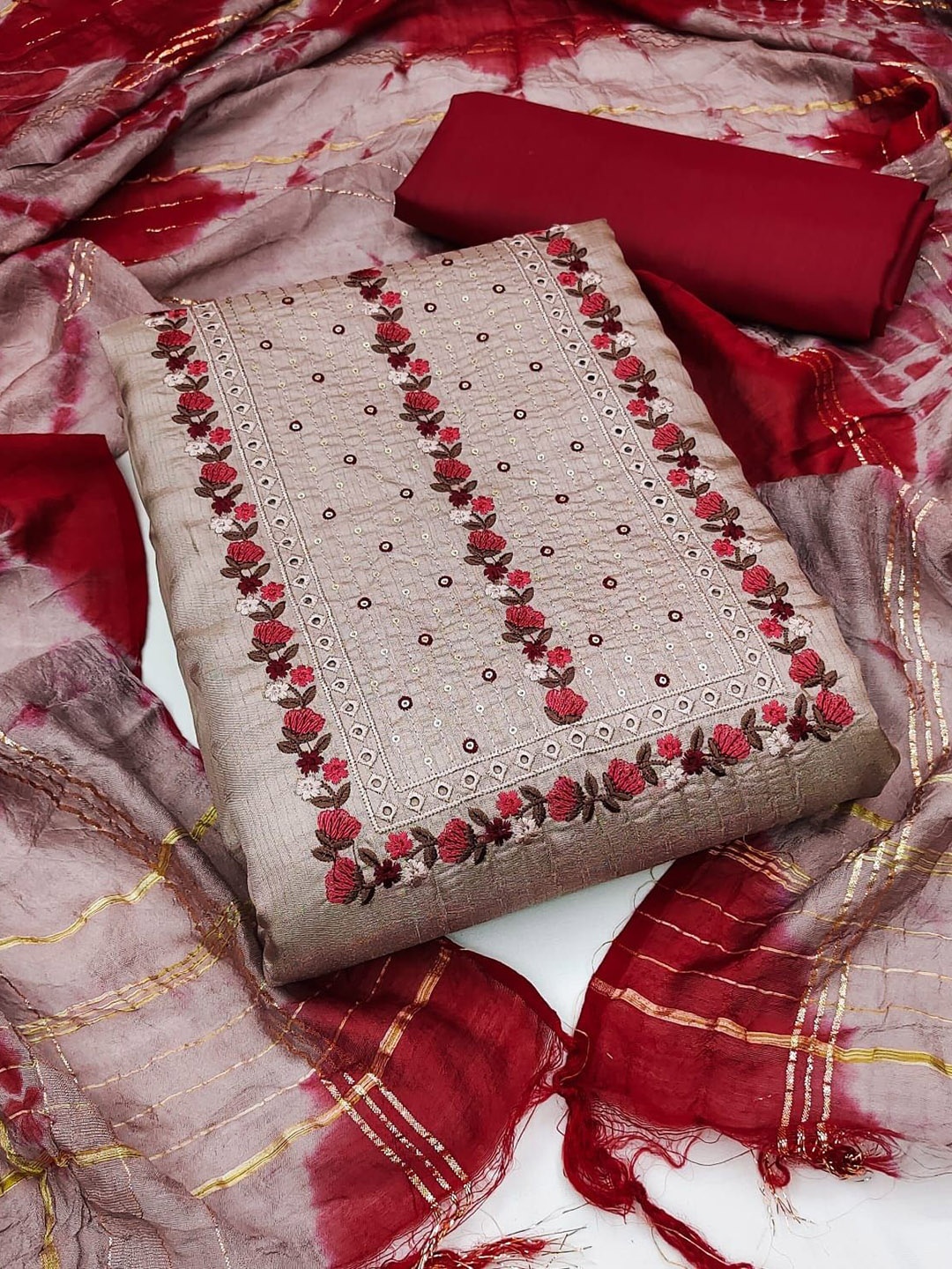 

A TO Z CART Floral Embroidered Sequinned Unstitched Dress Material, Beige