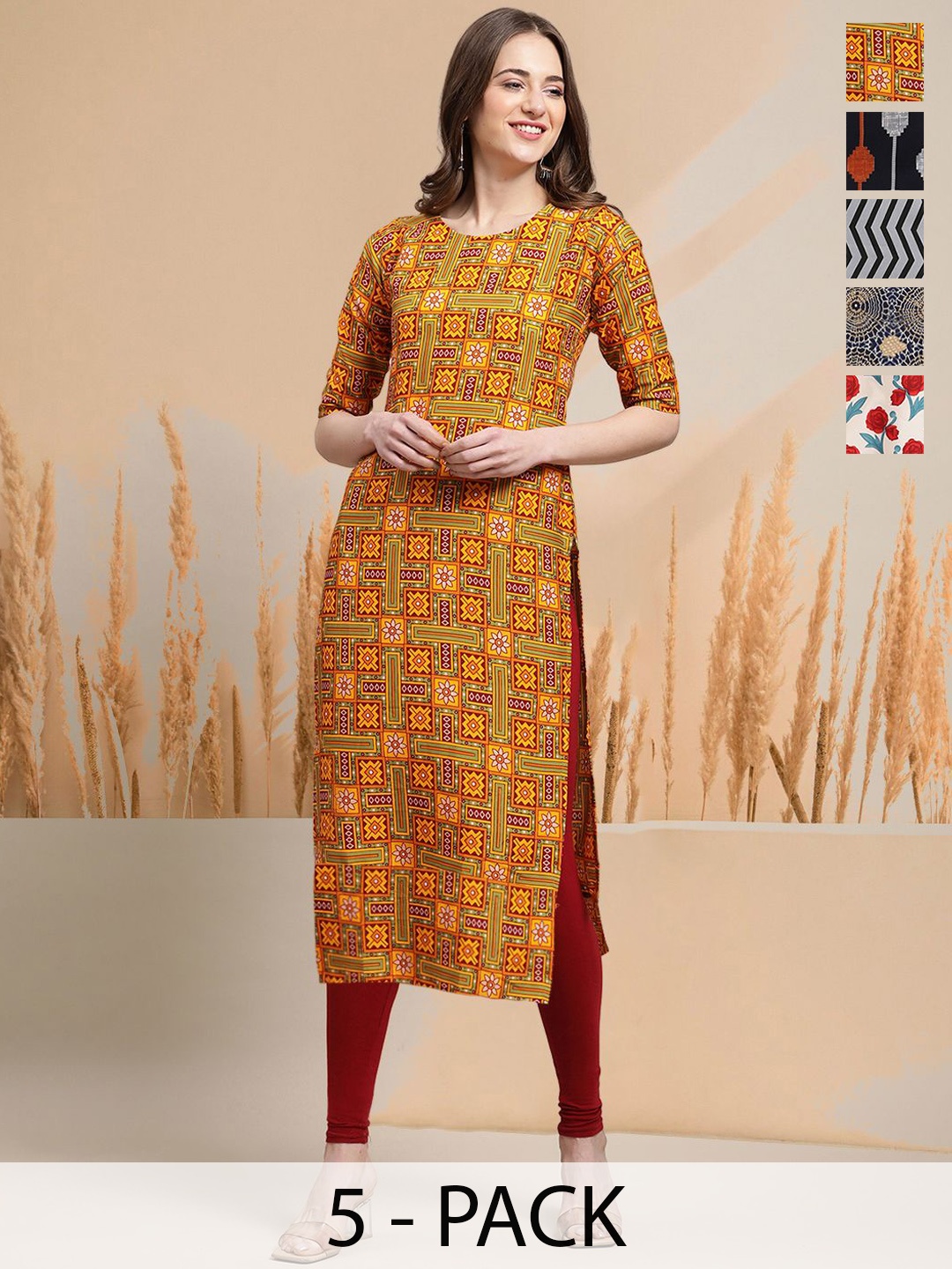 

7Threads Selection of 5 Ethnic Motifs Printed Round Neck Straight Kurtas, Orange