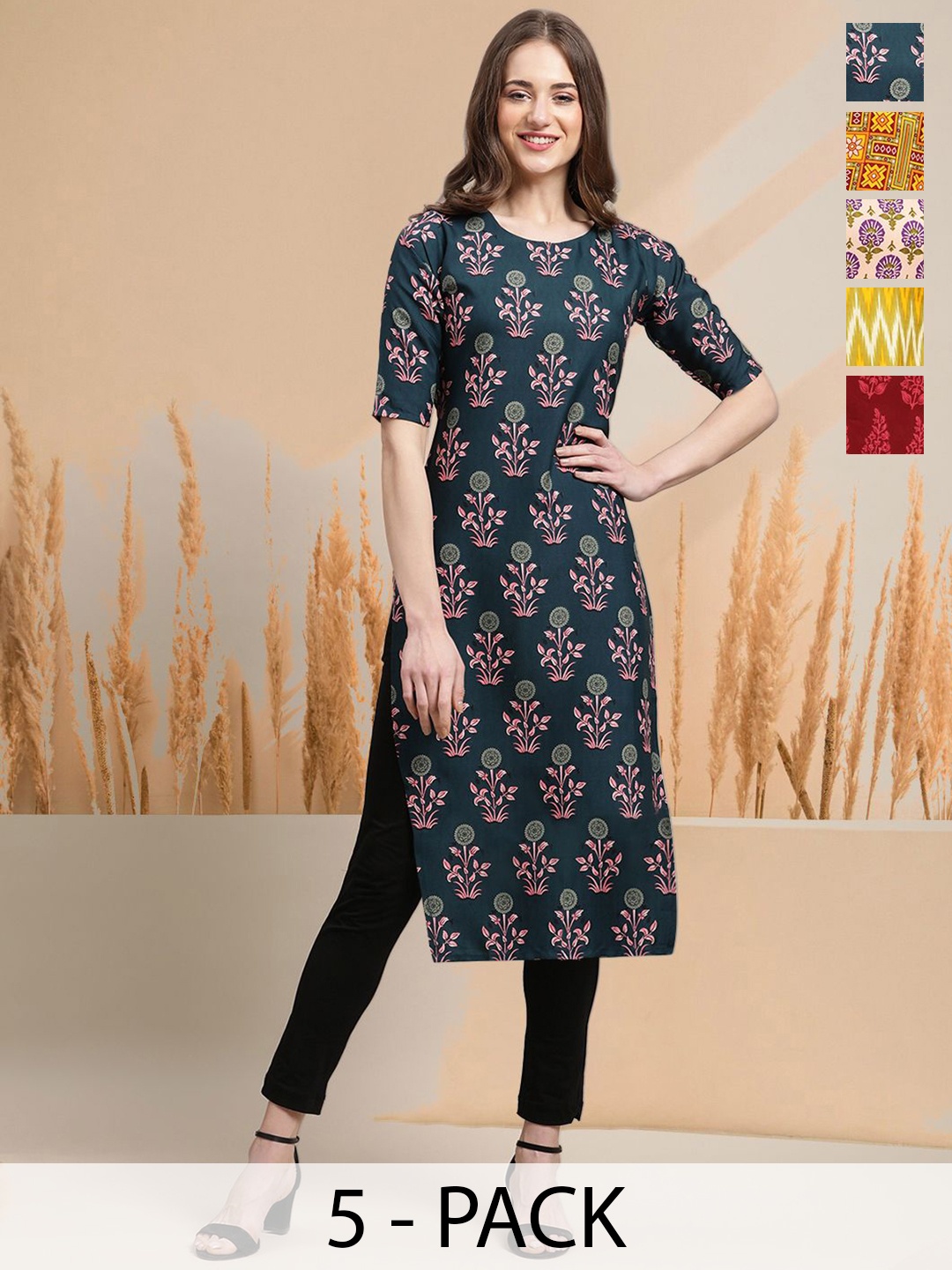 

7Threads Selection Of 4 Floral Printed Round Neck Straight Kurtas, Navy blue