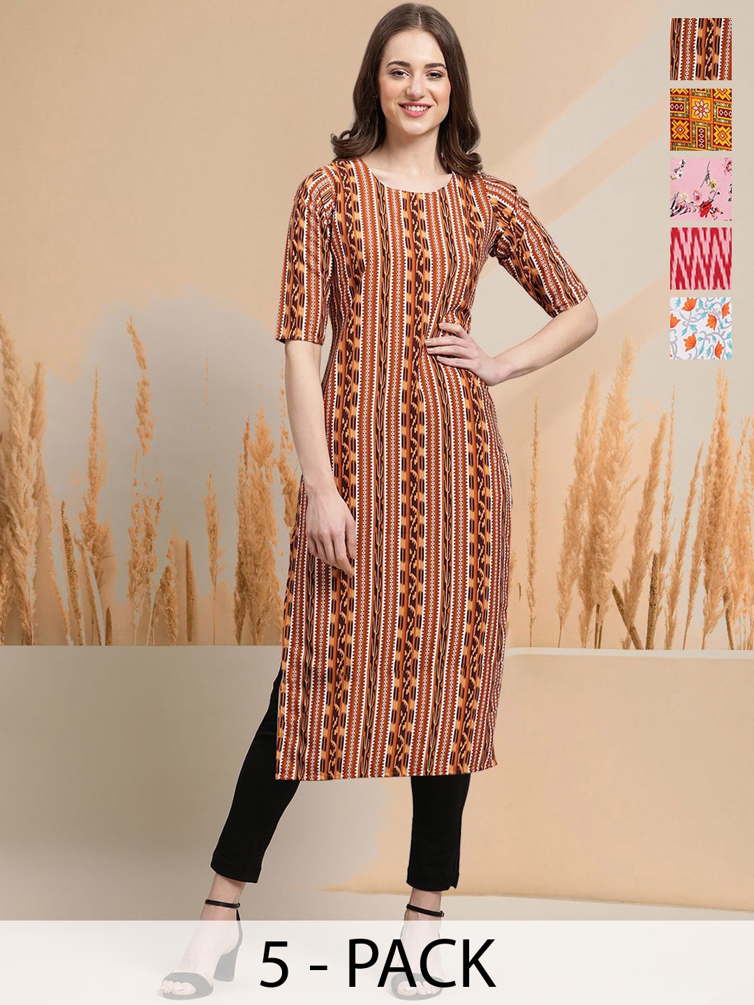 

7Threads Selection of 5 Abstract Printed Round Neck Straight Kurtas, Orange