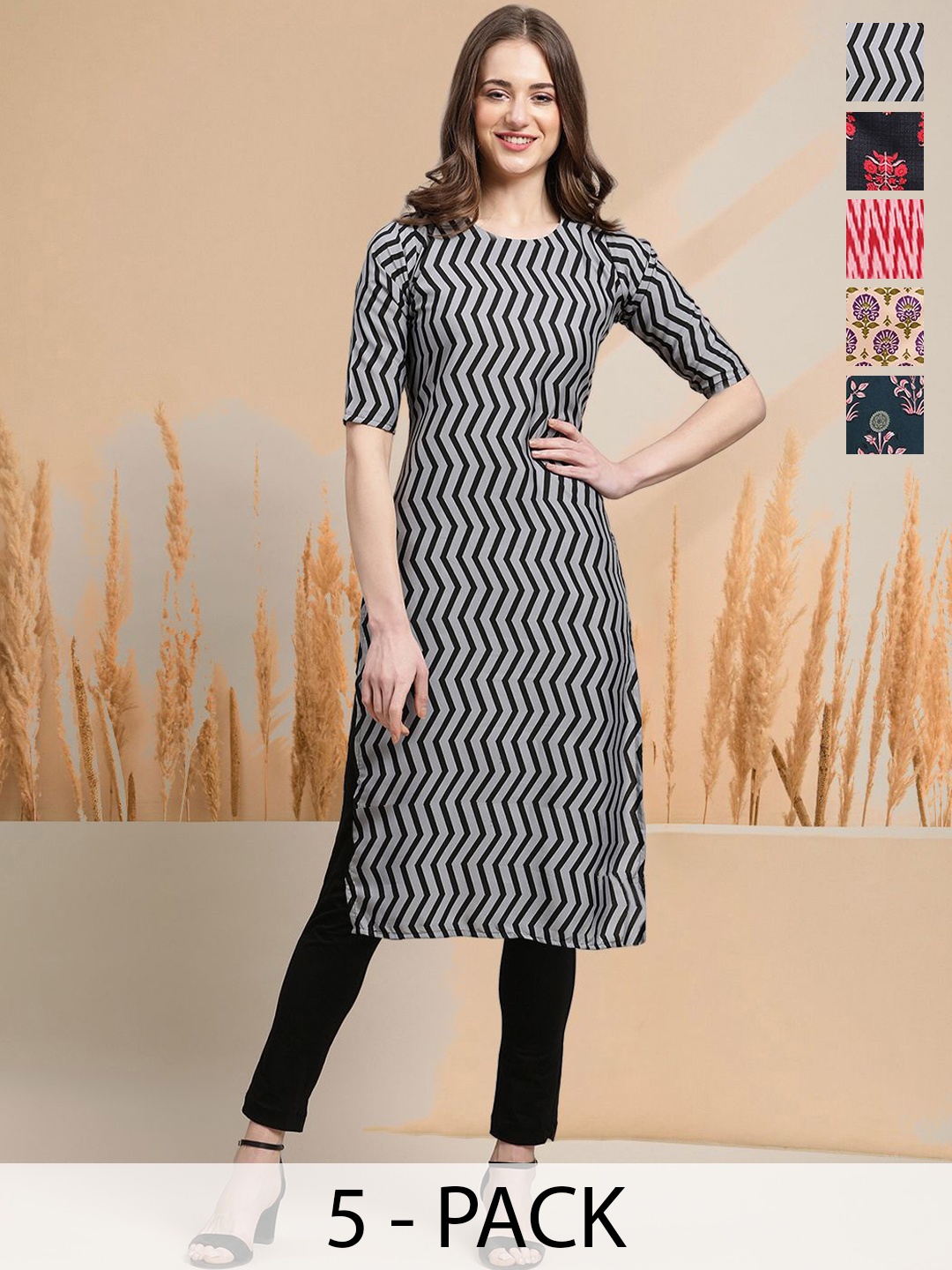 

7Threads Selection of 5 Chevron Printed Round Neck Straight Kurtas, Black