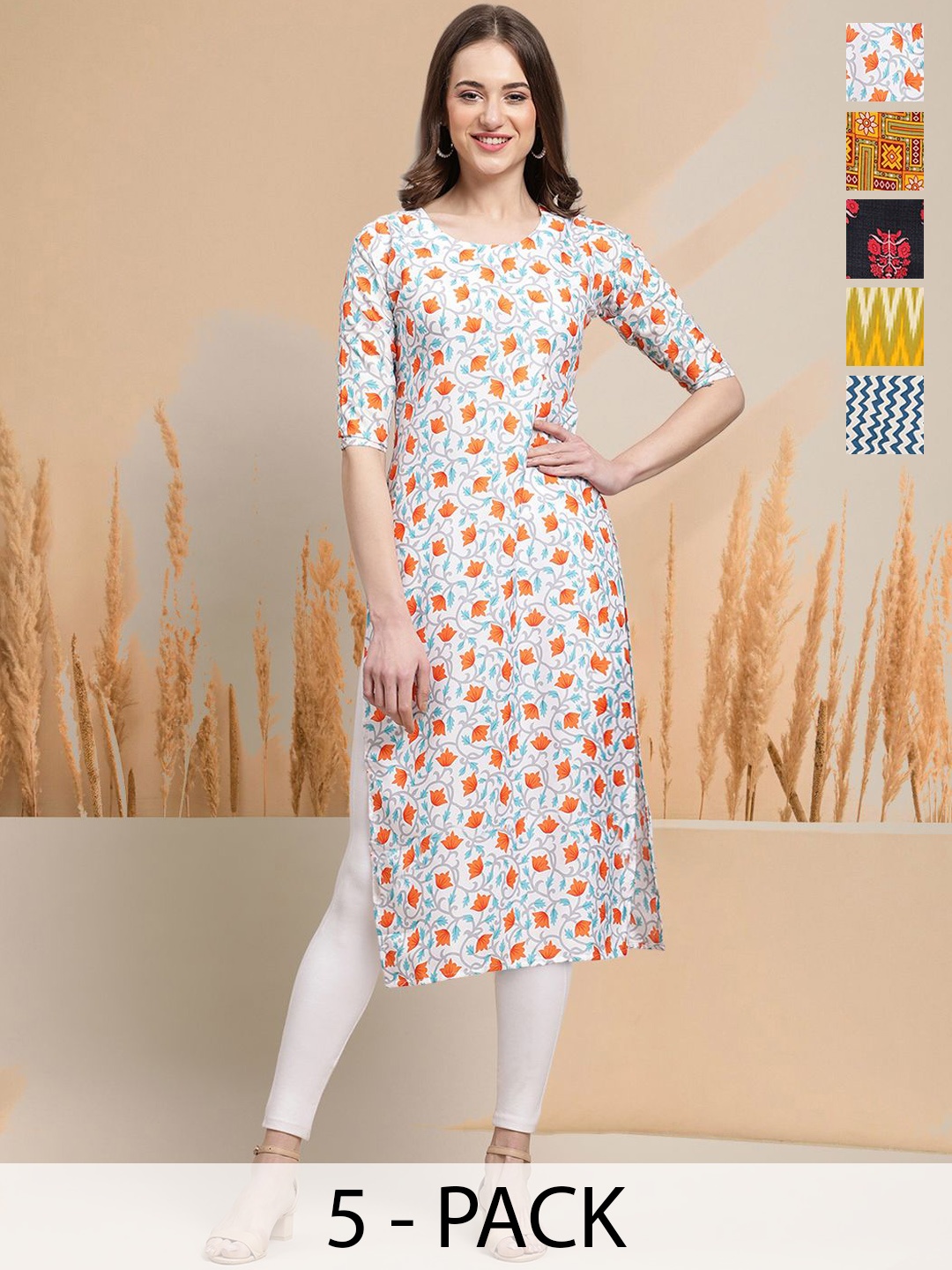 

7Threads Selection of 5 Floral Printed Round Neck Straight Kurtas, White