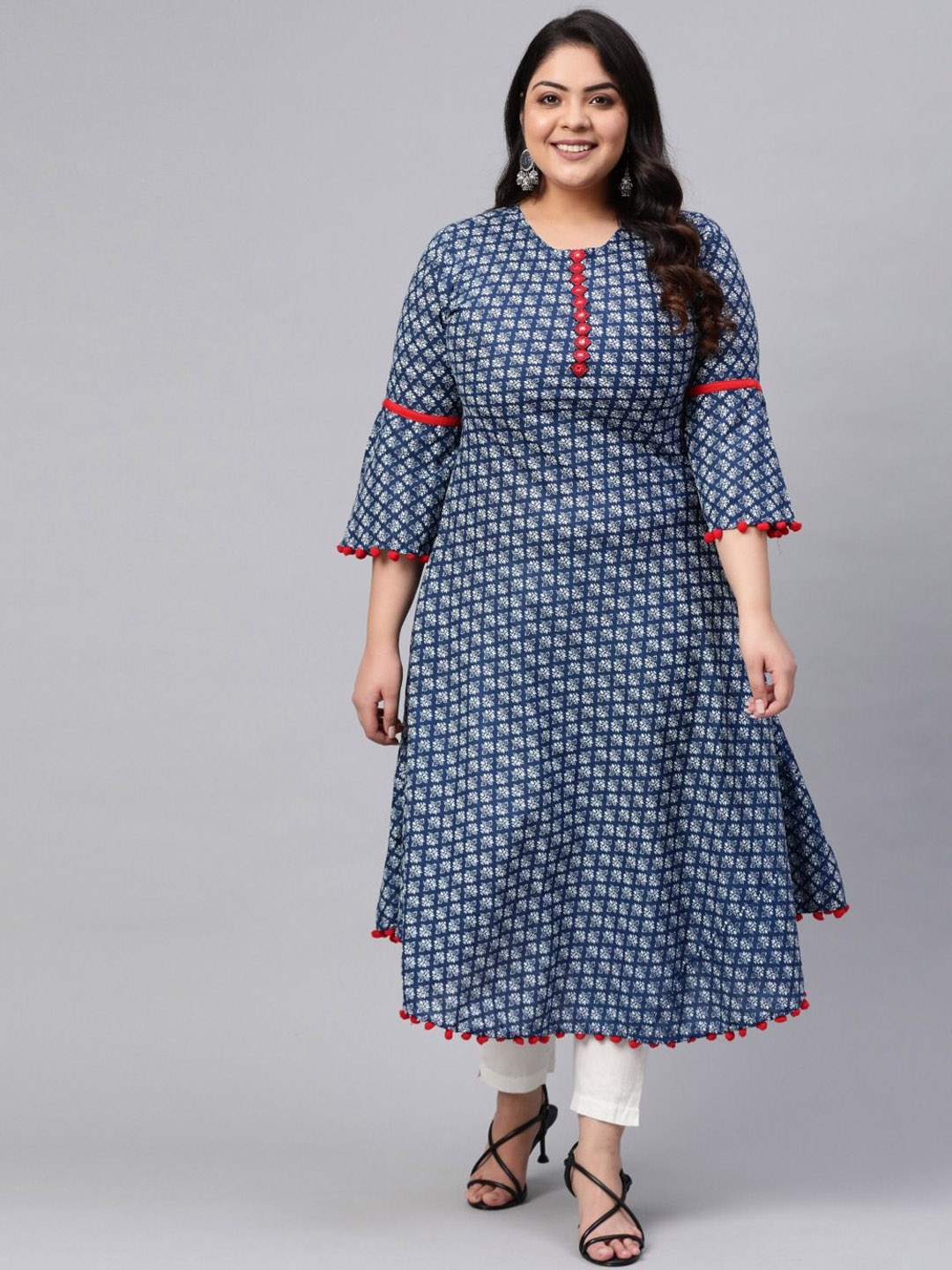 

YASH GALLERY Ethnic Motifs Printed Round Neck Bell Sleeves A-line Kurta, Navy blue