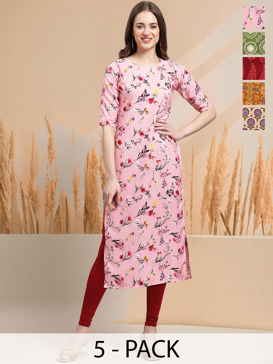 

7Threads Selection Of 5 Floral Printed Round Neck Straight Kurtas, Pink