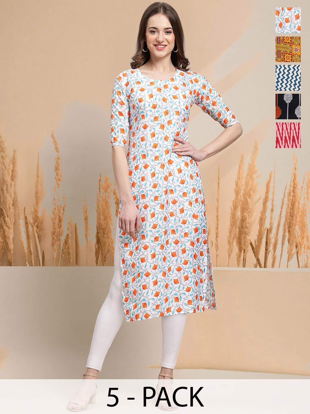 

7Threads Selection Of 5 Floral Printed Round Neck Straight Kurtas, White