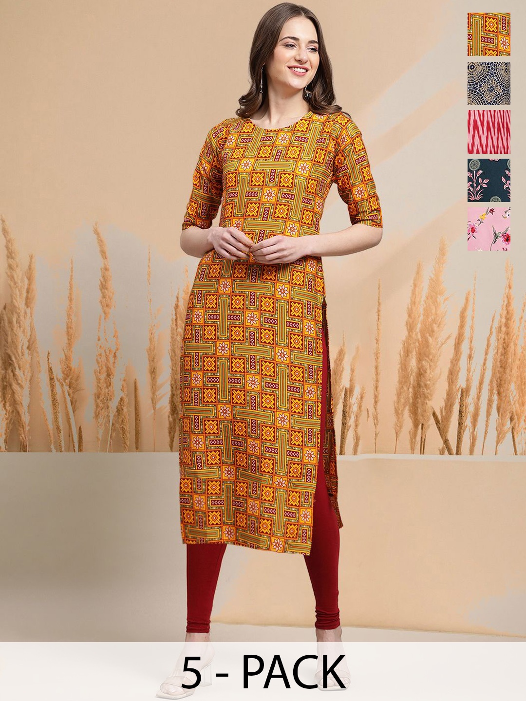 

7Threads Selection of 5 Geometric Printed Round Neck Straight Kurtas, Yellow