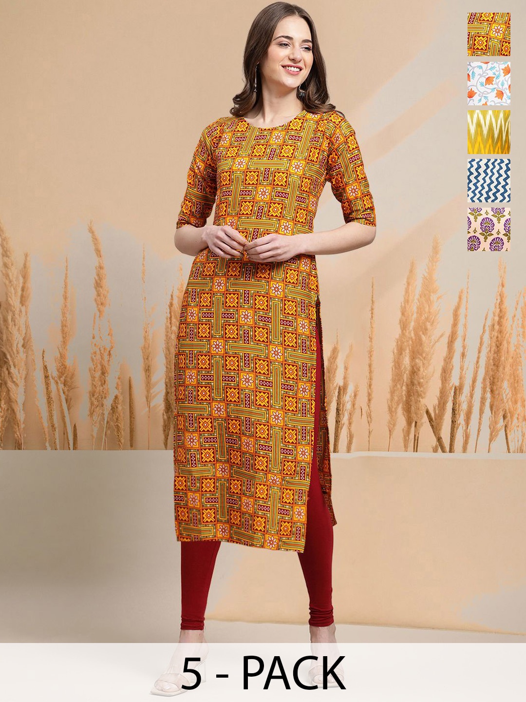 

7Threads Selection Of 5 Geometric Printed Round Neck Kurtas, Yellow