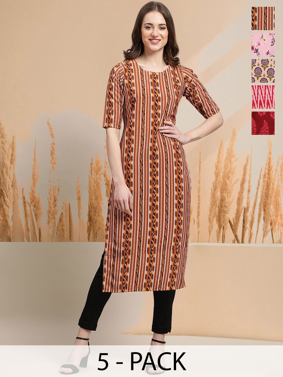 

7Threads Selection Of 5 Geometric Printed Round Neck Straight Kurtas, Brown