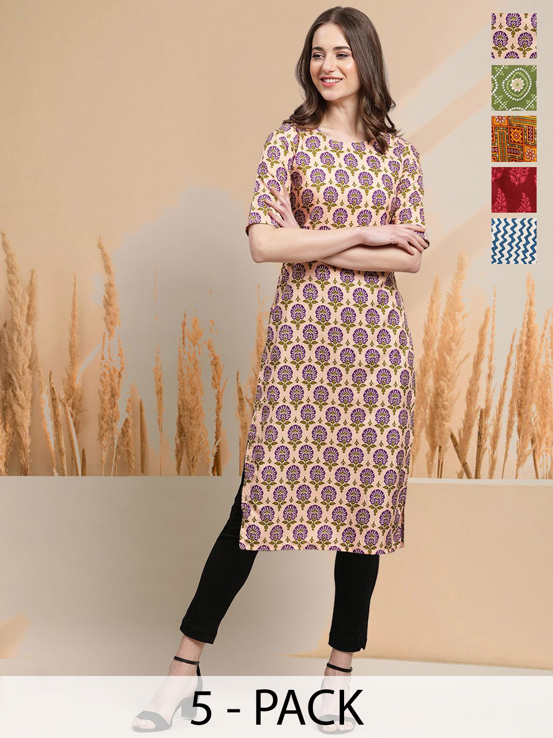 

7Threads Selection Of 5 Ethnic Motifs Printed Round Neck Straight Kurtas, Pink
