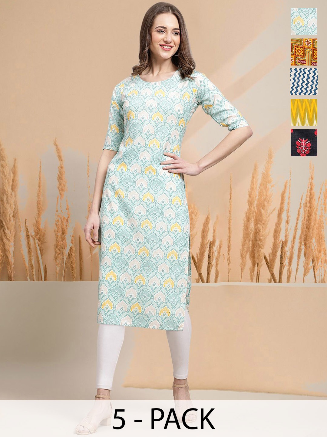 

7Threads Selection Of 5 Floral Printed Round Neck Straight Kurtas, Turquoise blue