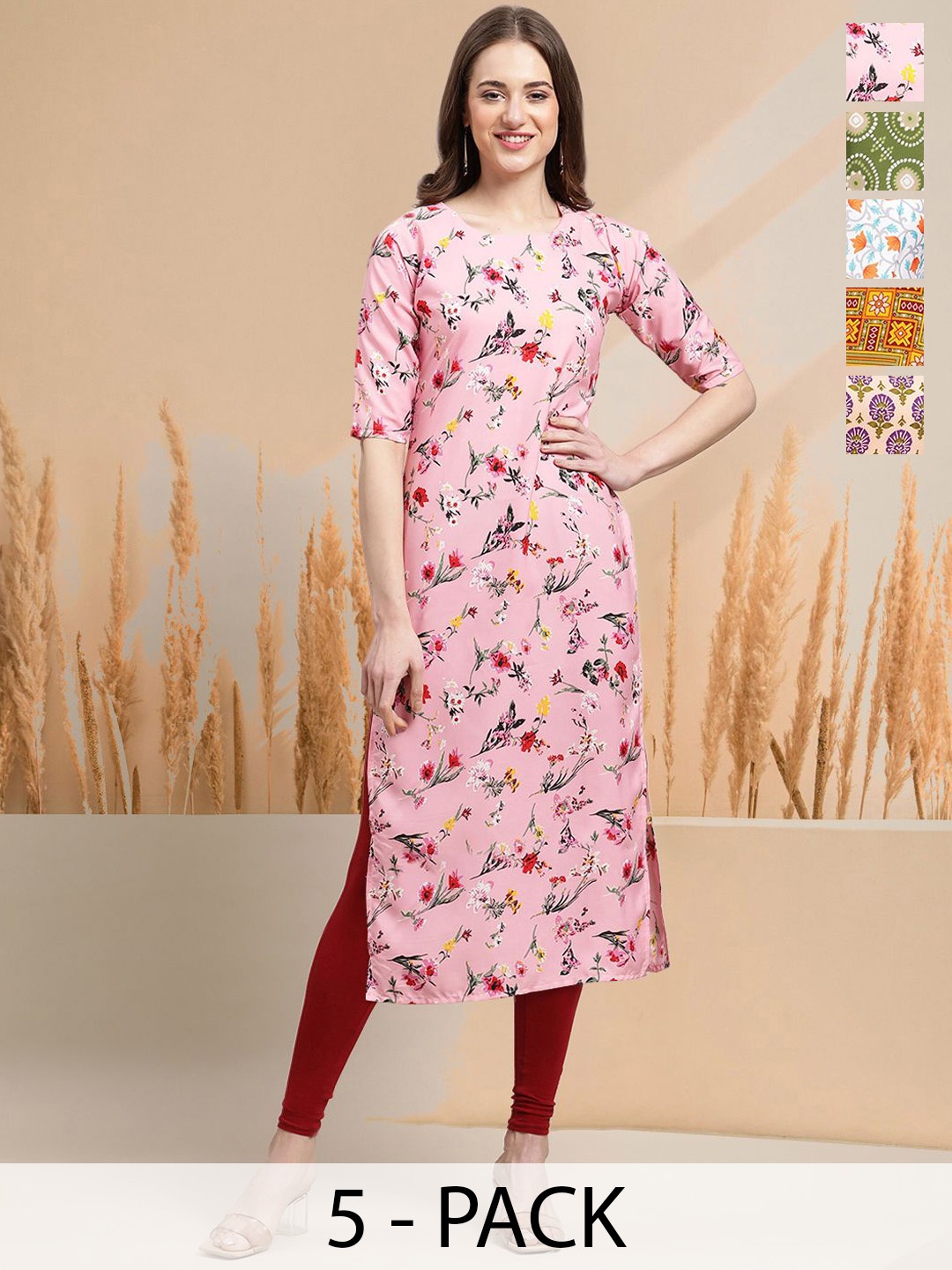 

7Threads Selection Of 5 Floral Printed Round Neck Straight Kurtas, Pink