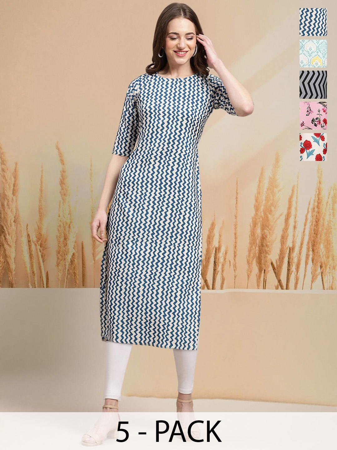 

7Threads Selection Of 5 Chevron Printed Round Neck Straight Kurtas, Navy blue