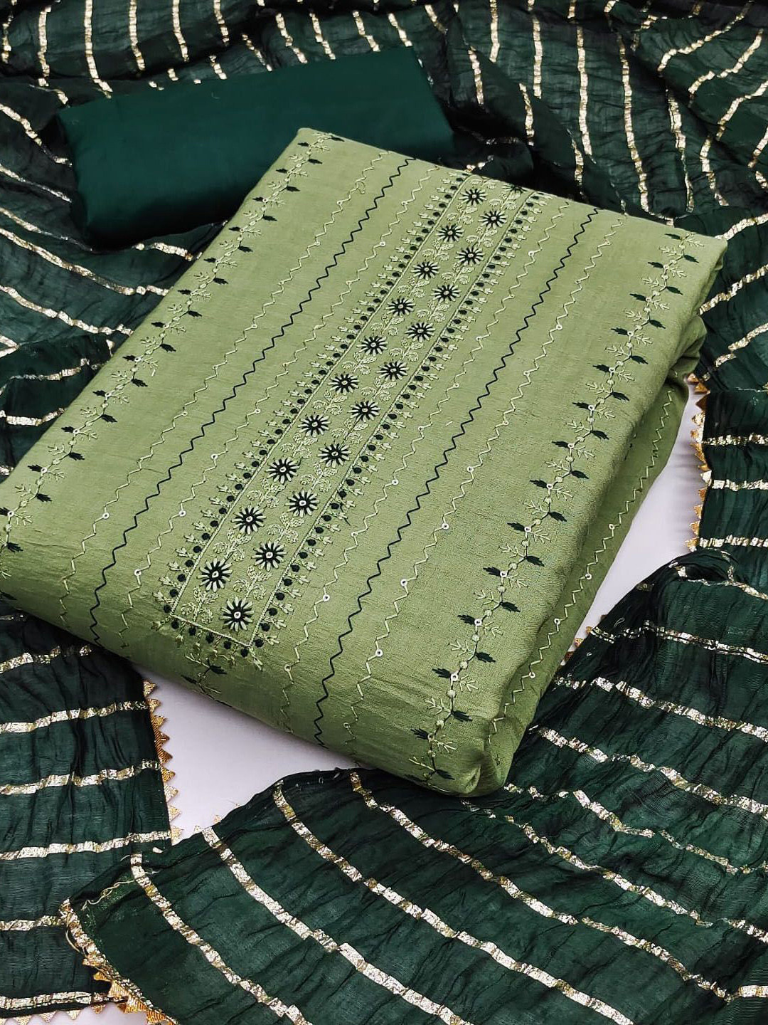 

A TO Z CART Floral Embroidered Sequinned Unstitched Dress Material, Green