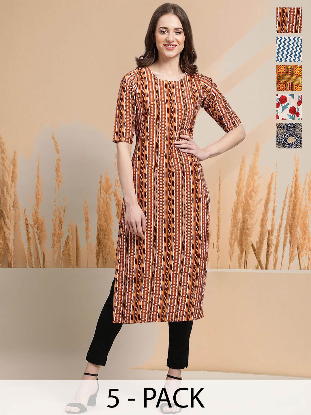 

7Threads Selection Of 5 Geometric Printed Round Neck Straight Kurtas, Brown