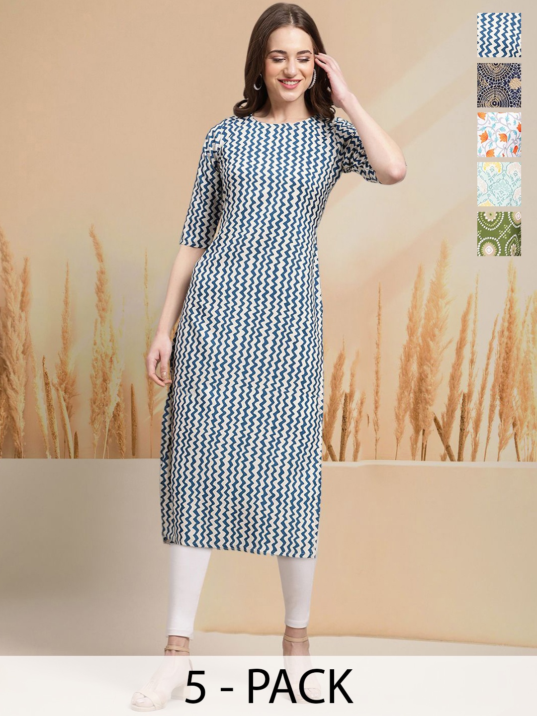 

7Threads Selection Of 5 Chevron Printed Round Neck Straight Kurtas, Blue