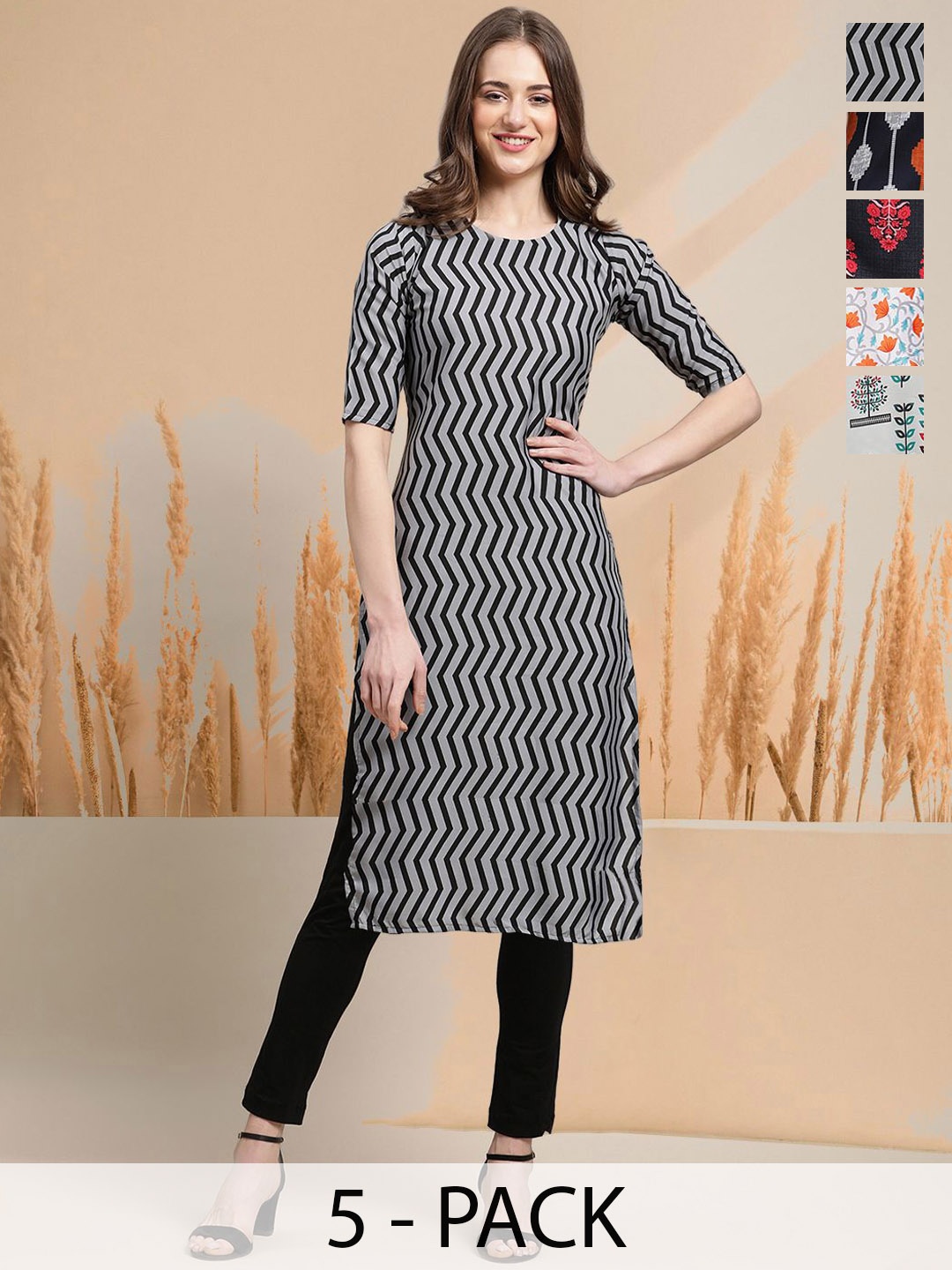 

7Threads Selection Of 5 Chevron Printed Round Neck Straight Kurtas, Grey