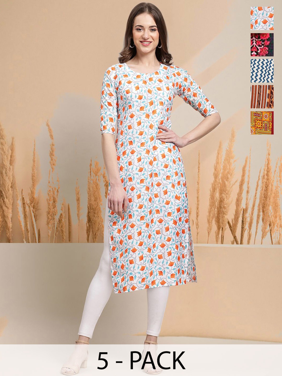

7Thread Selection Of 5 Floral Printed Round Neck Straight Kurtas, White