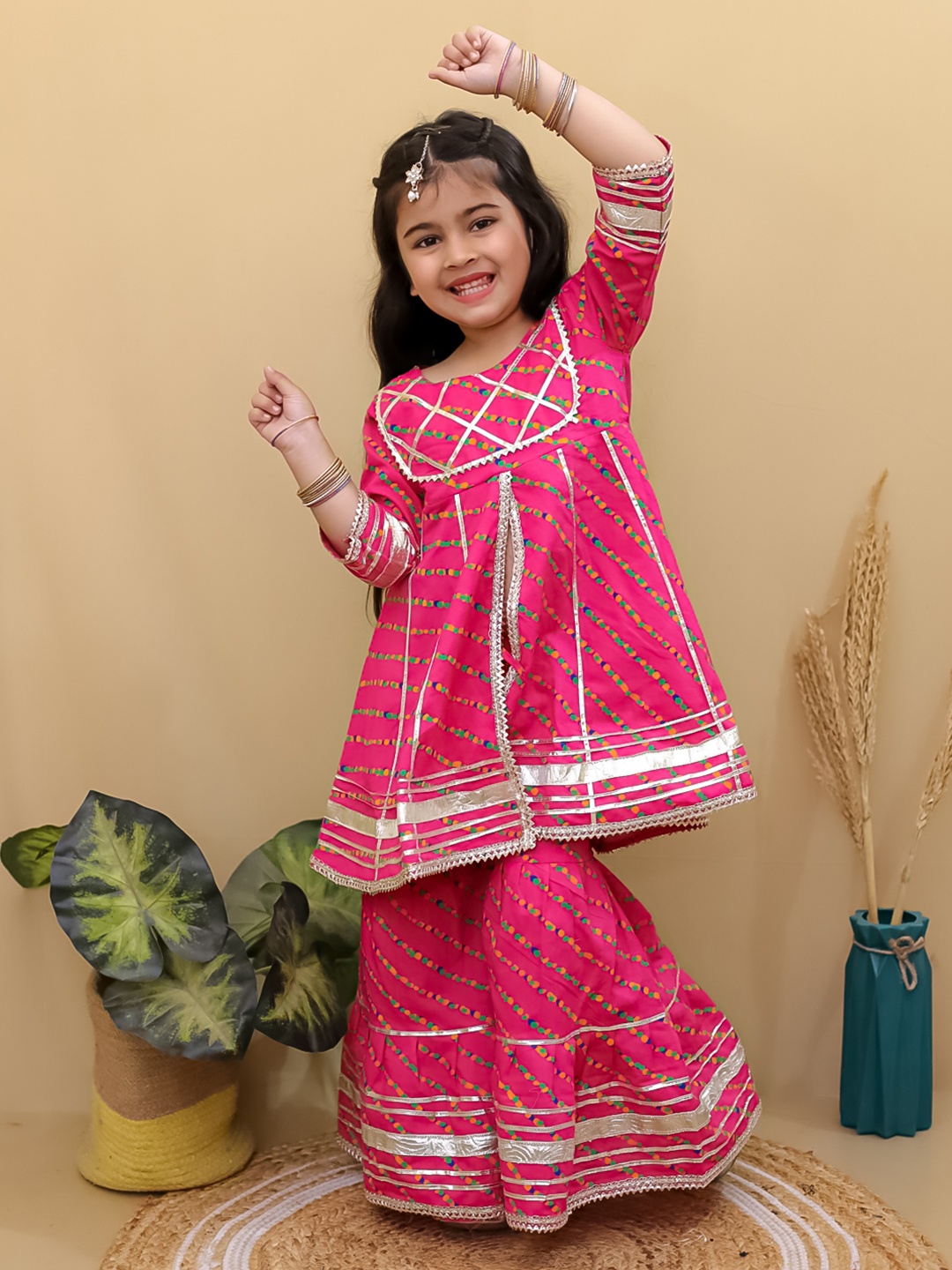 

Superminis Girls Ethnic Motifs Printed Gotta Patti Pure Cotton Anarkali Kurti with Sharara, Pink