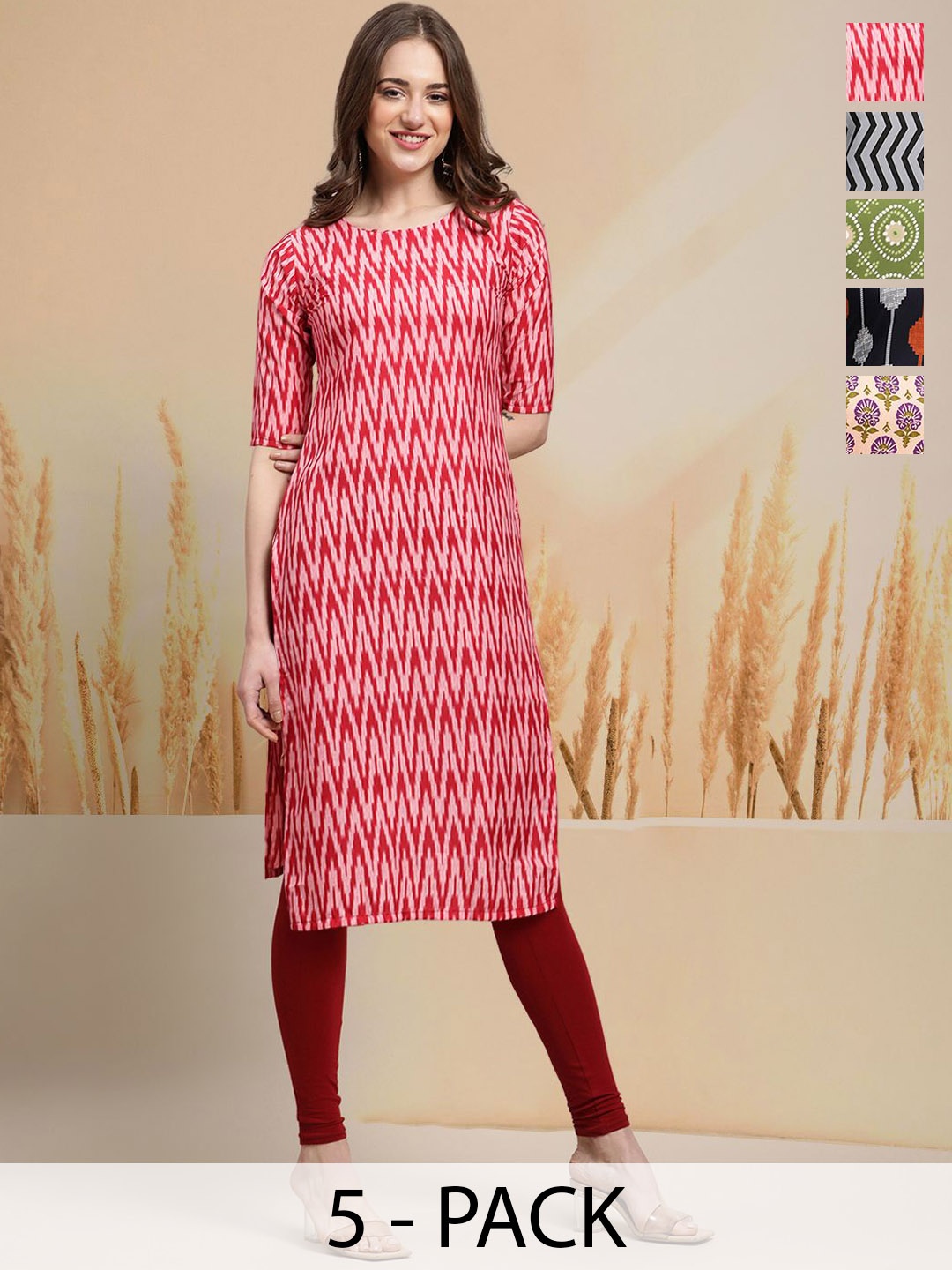 

7Threads Selection Of 5 Chevron Printed Round Neck Straight Kurtas, Red