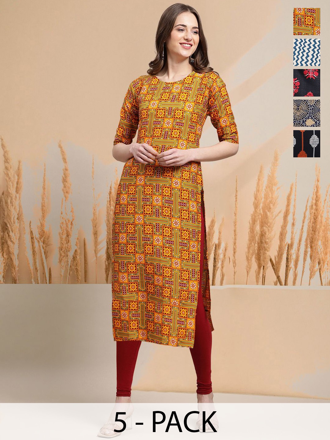 

7Threads Selection Of 5 Geometric Printed Round Neck Straight Kurtas, Yellow