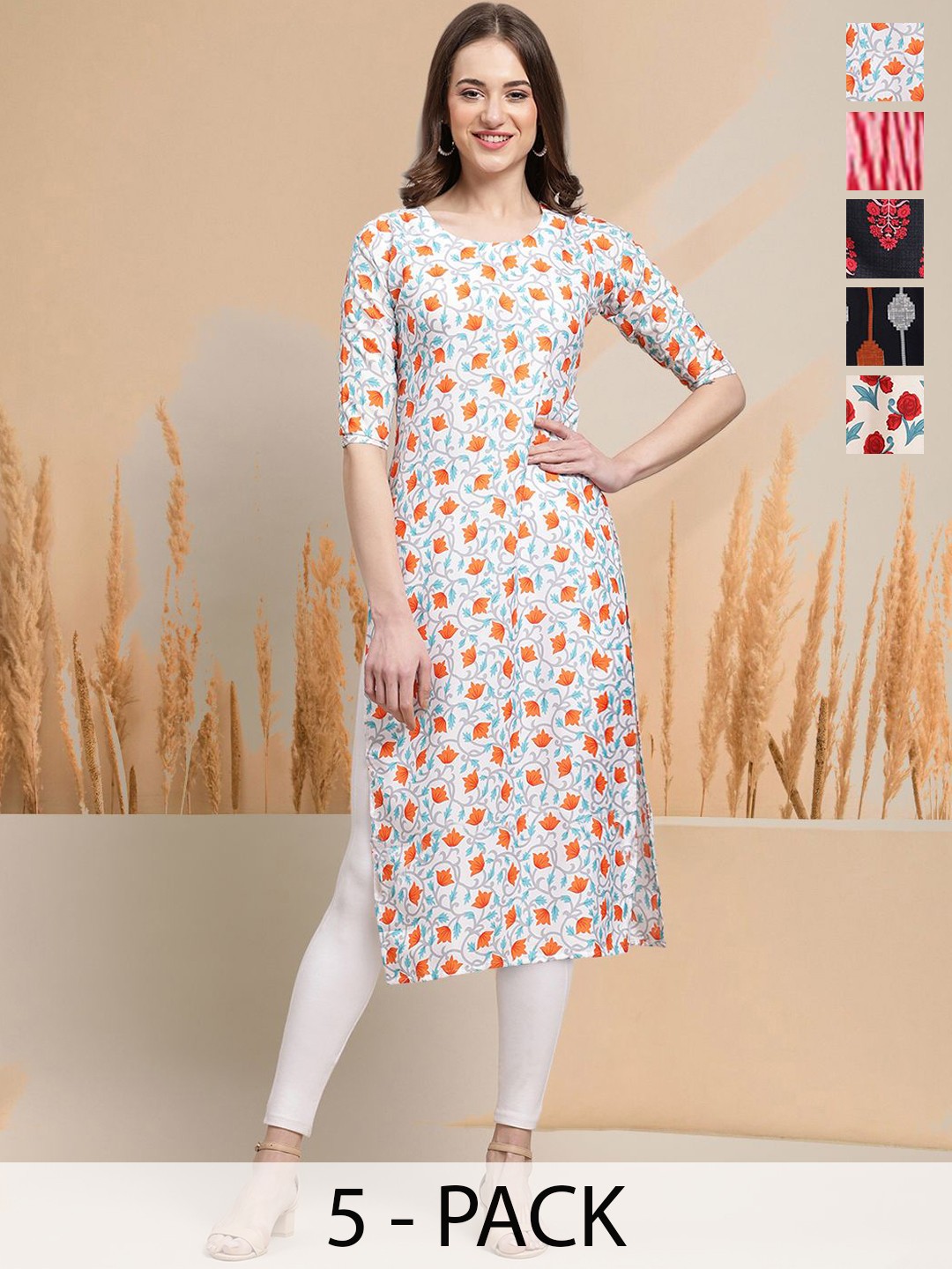 

7Threads Selection of 5 Floral Printed Round Neck Straight Kurtas, White