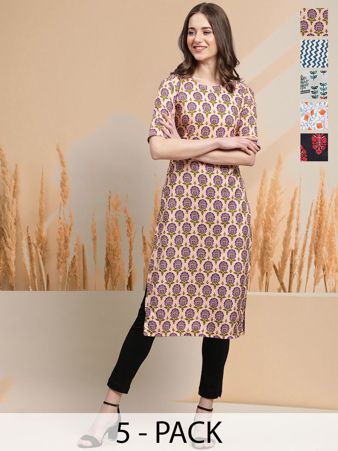 

7Threads Selection Of 5 Ethnic Motifs Printed Round Neck Straight Kurtas, Peach