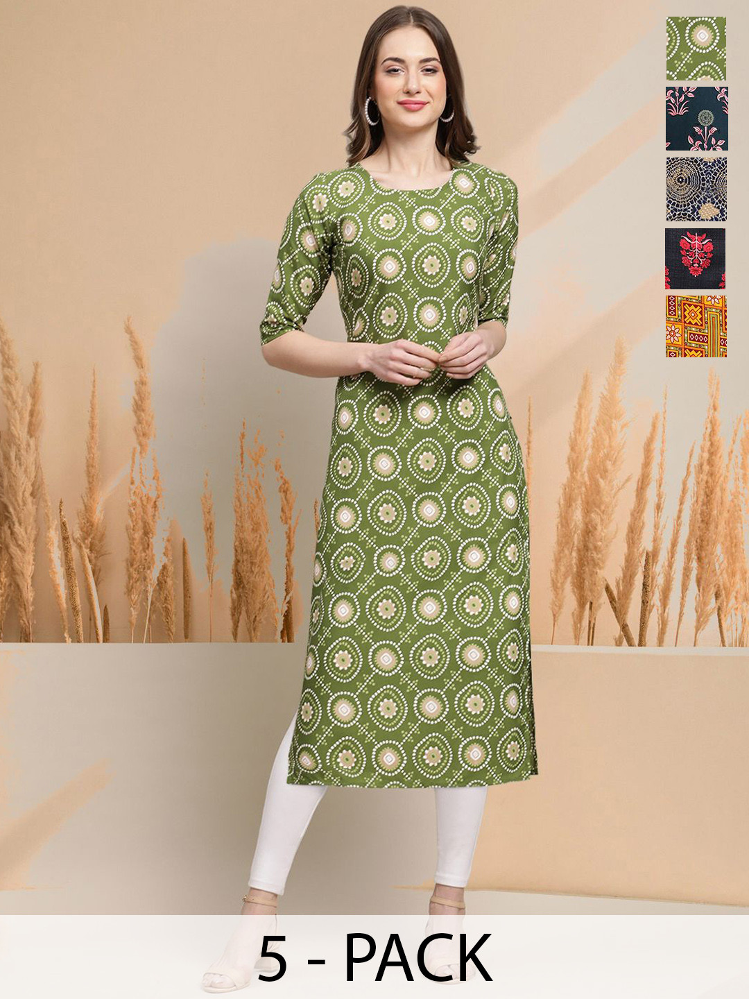 

7Threads Selection Of 5 Geometric Printed Round Neck Straight Kurtas, Green