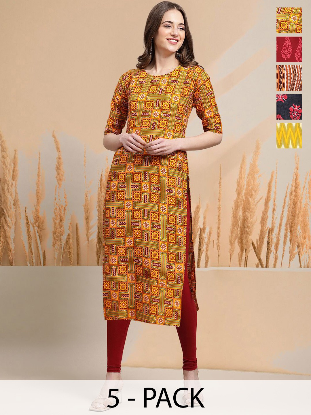 

7Threads Selection Of 5 Geometric Printed Round Neck Kurtas, Yellow