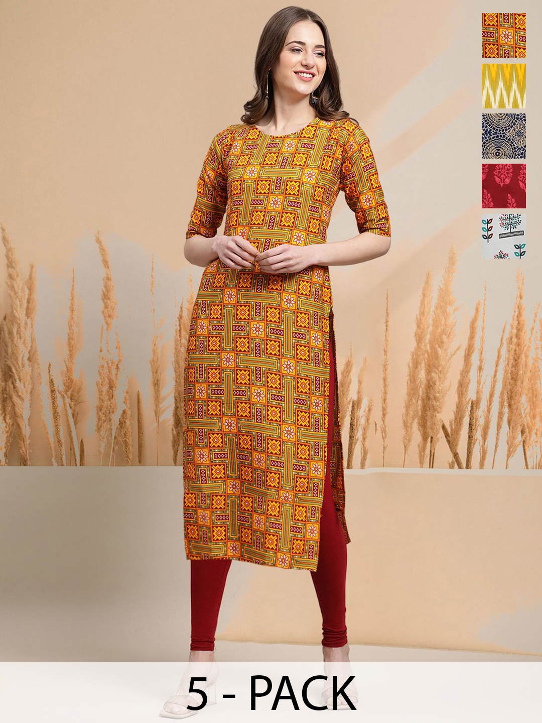 

7Threads Selection Of 5 Ethnic Motifs Printed Round Neck Straight Kurtas, Yellow