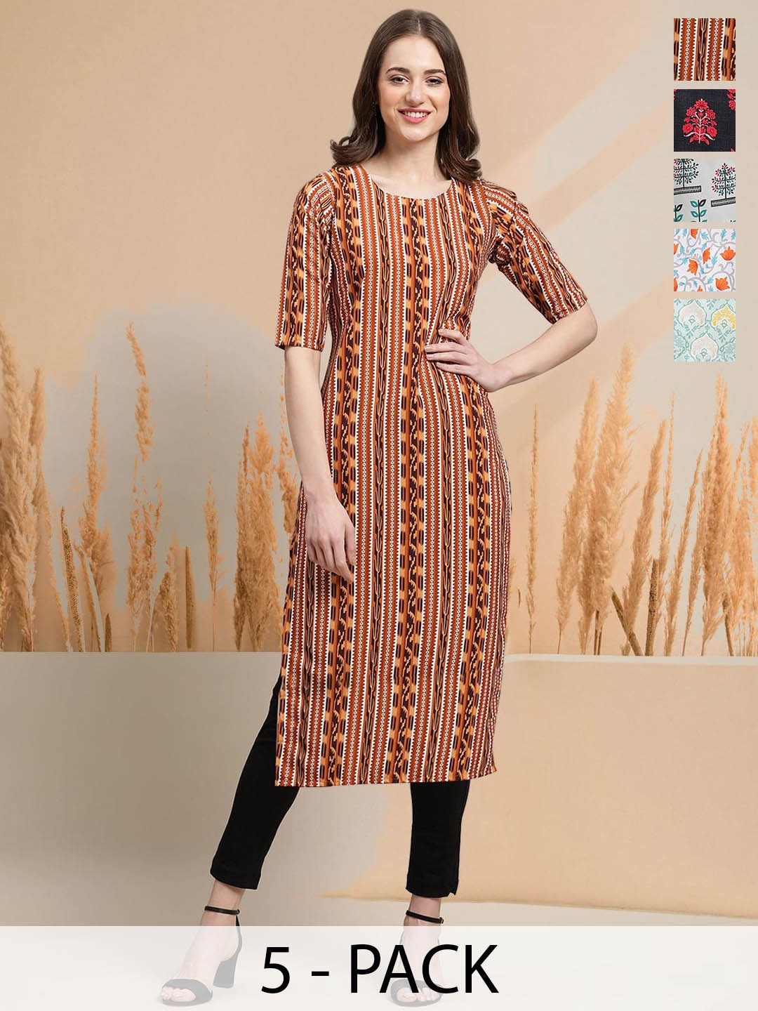 

7Threads Selection Of 5 Ethnic Motifs Printed Round Neck Straight Kurtas, Orange