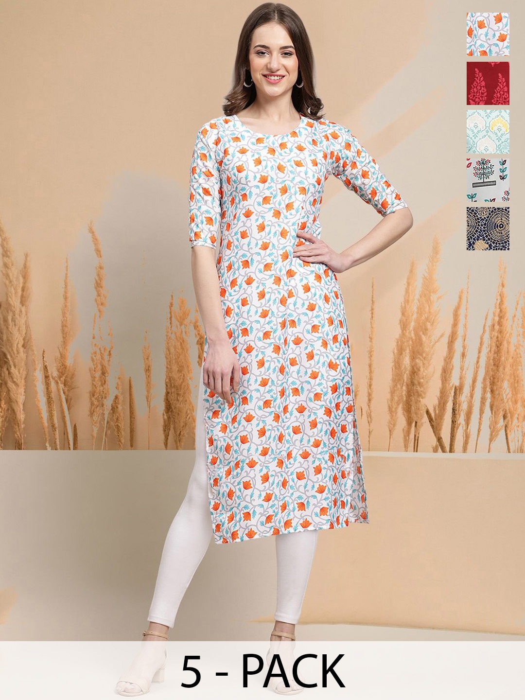 

7Threads Selection of 3 Floral Printed Round Neck Straight Kurtas, White