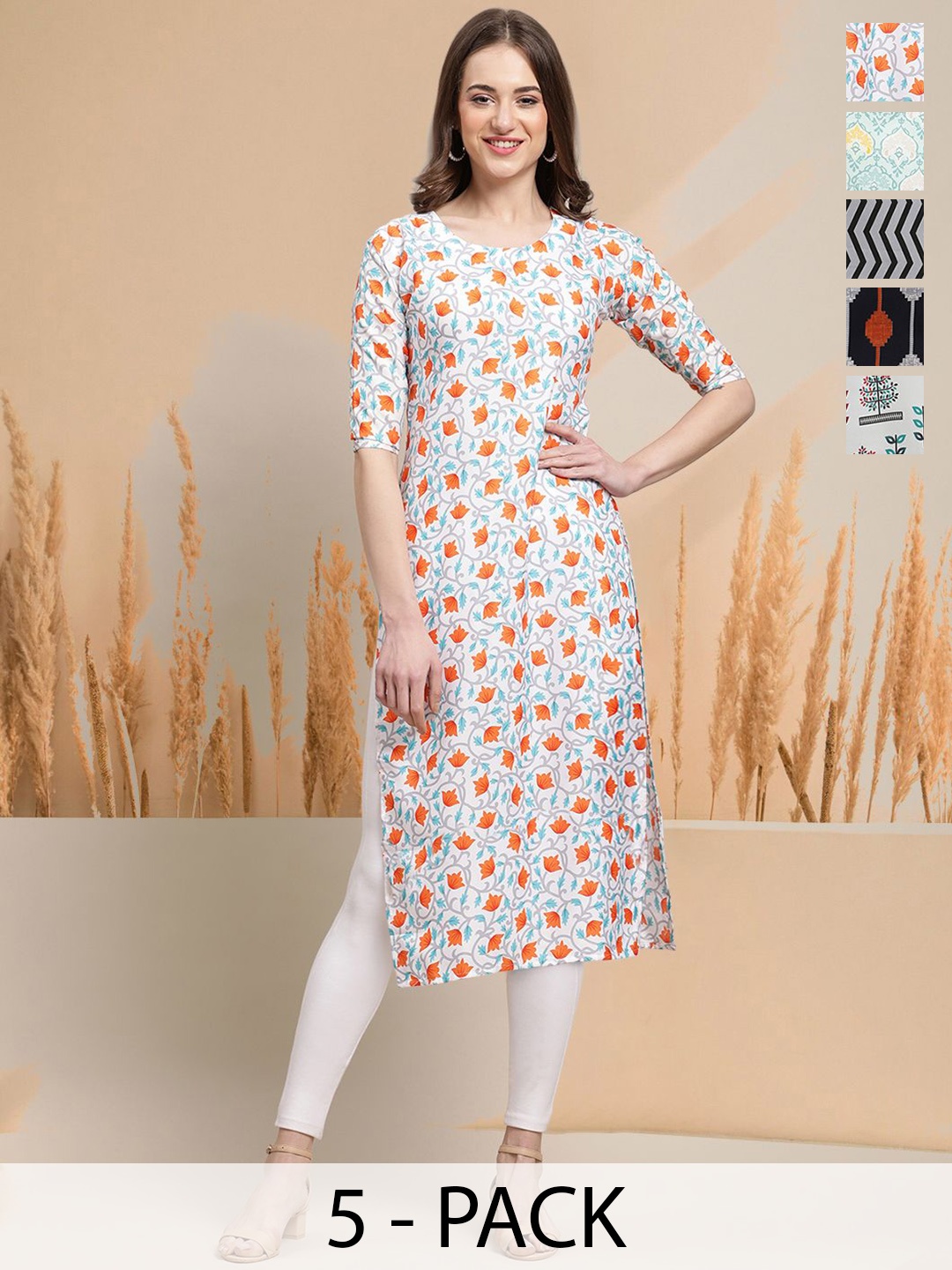

7Threads Selection Of 5 Floral Printed Round Neck Straight Kurtas, White