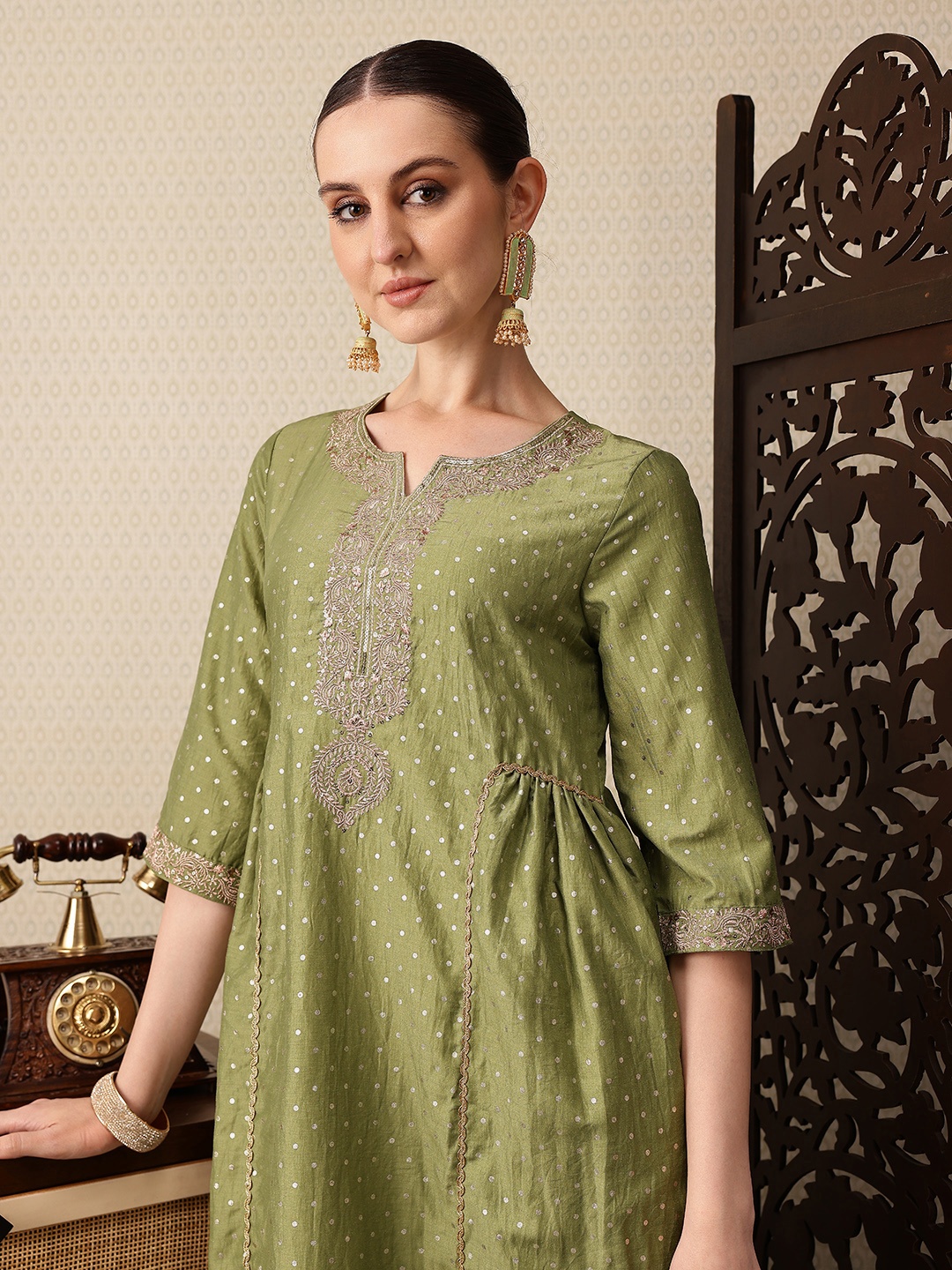 

House of Pataudi Polka Dot Printed Sequinned A-Line Jashn Kurta, Olive