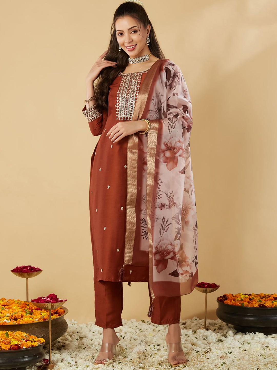 

MOKOSH Floral Embroidered Straight Kurta With Trousers And Dupatta, Rust