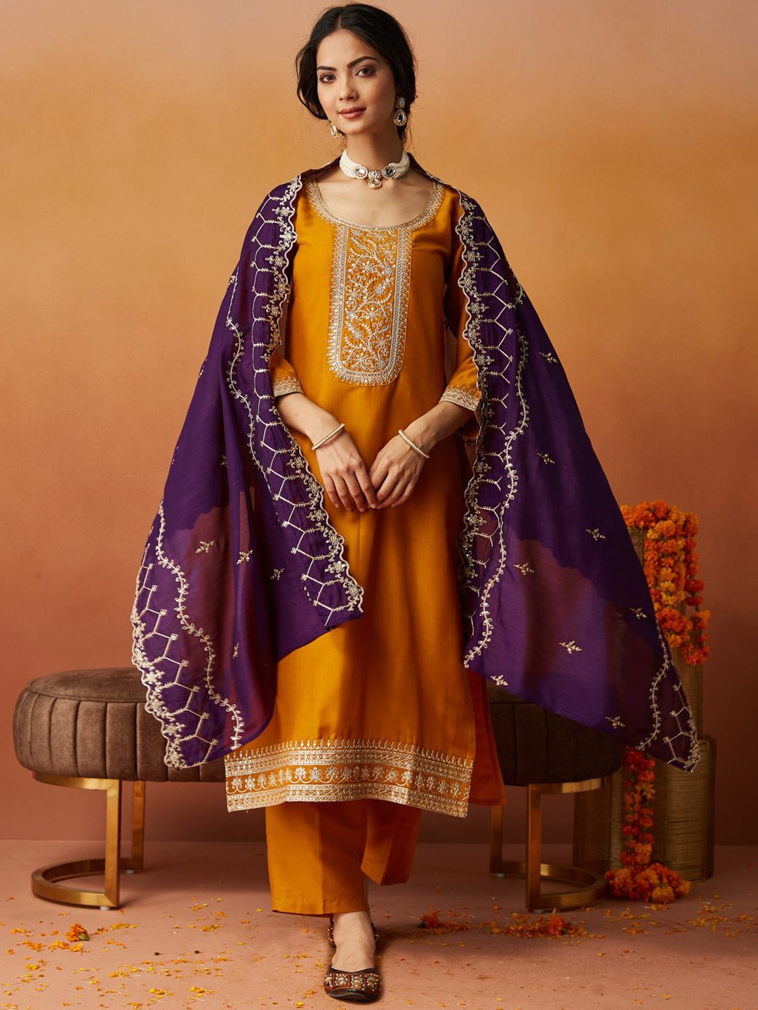 

MOKOSH Floral Embroidered Straight Kurta With Trousers And Dupatta, Mustard