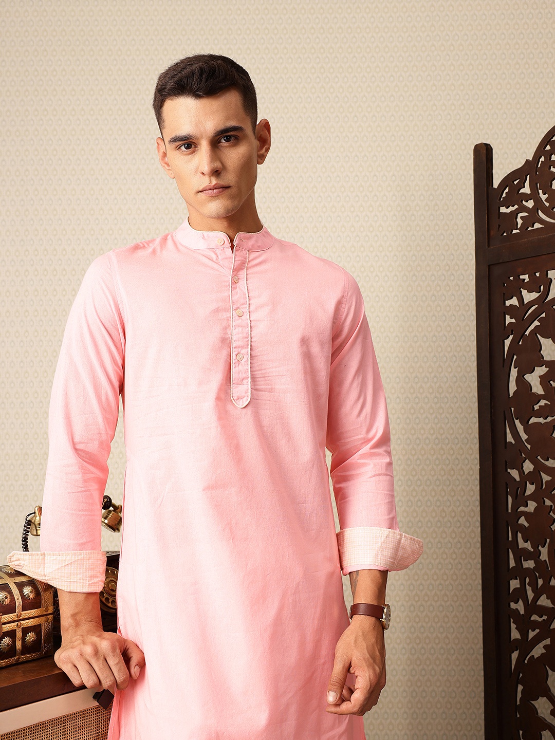 

House of Pataudi Band Collar Pure Cotton Jashn Kurta, Pink