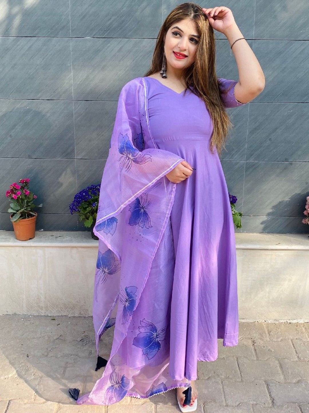 

LABEL KRISHA V-Neck Pure Cotton Anarkali Kurta With Trousers And Dupatta, Purple