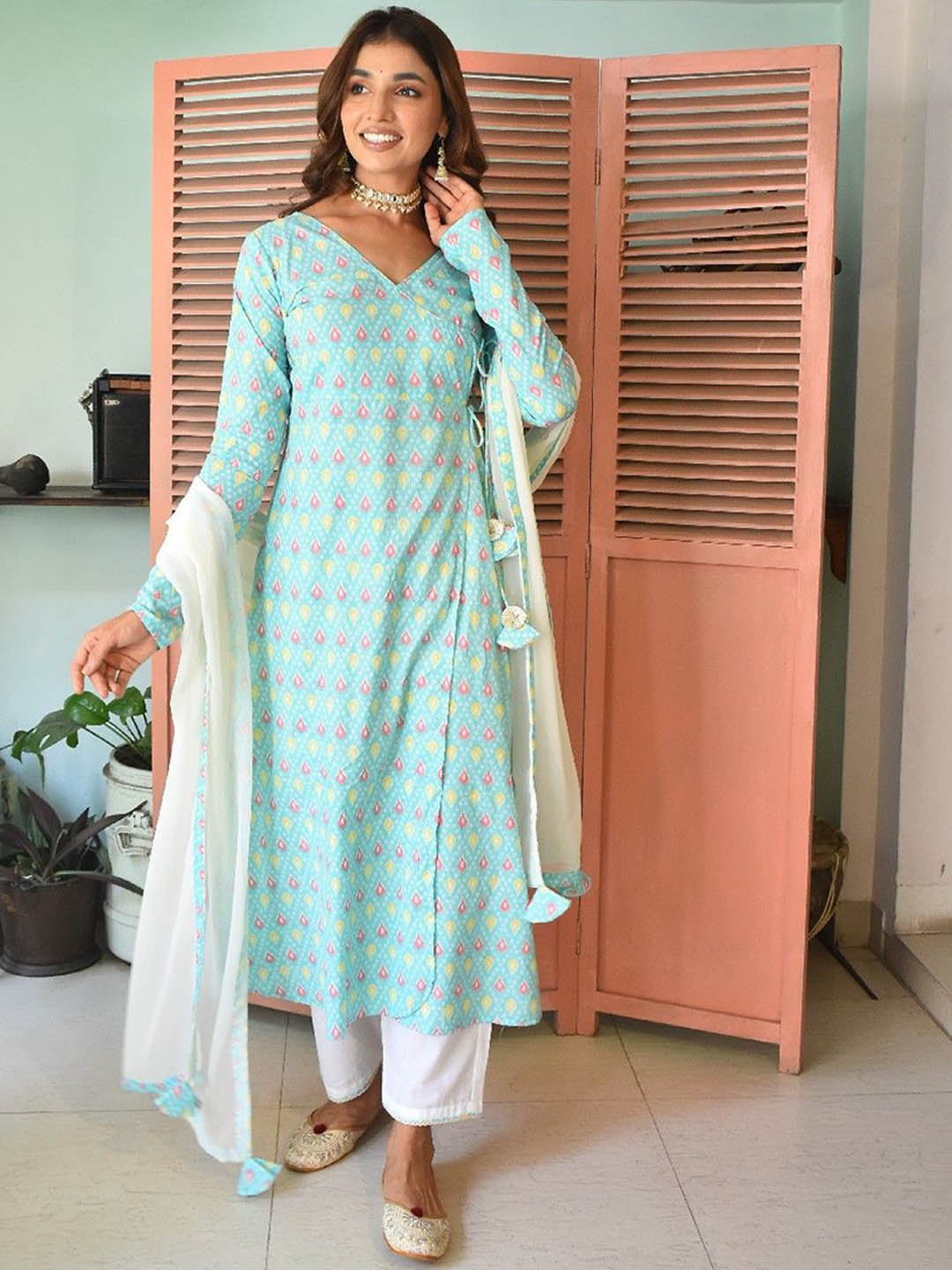 

LABEL KRISHA Angrakha V-Neck Pure Cotton A-Line Kurta With Trousers And Dupatta, Turquoise blue