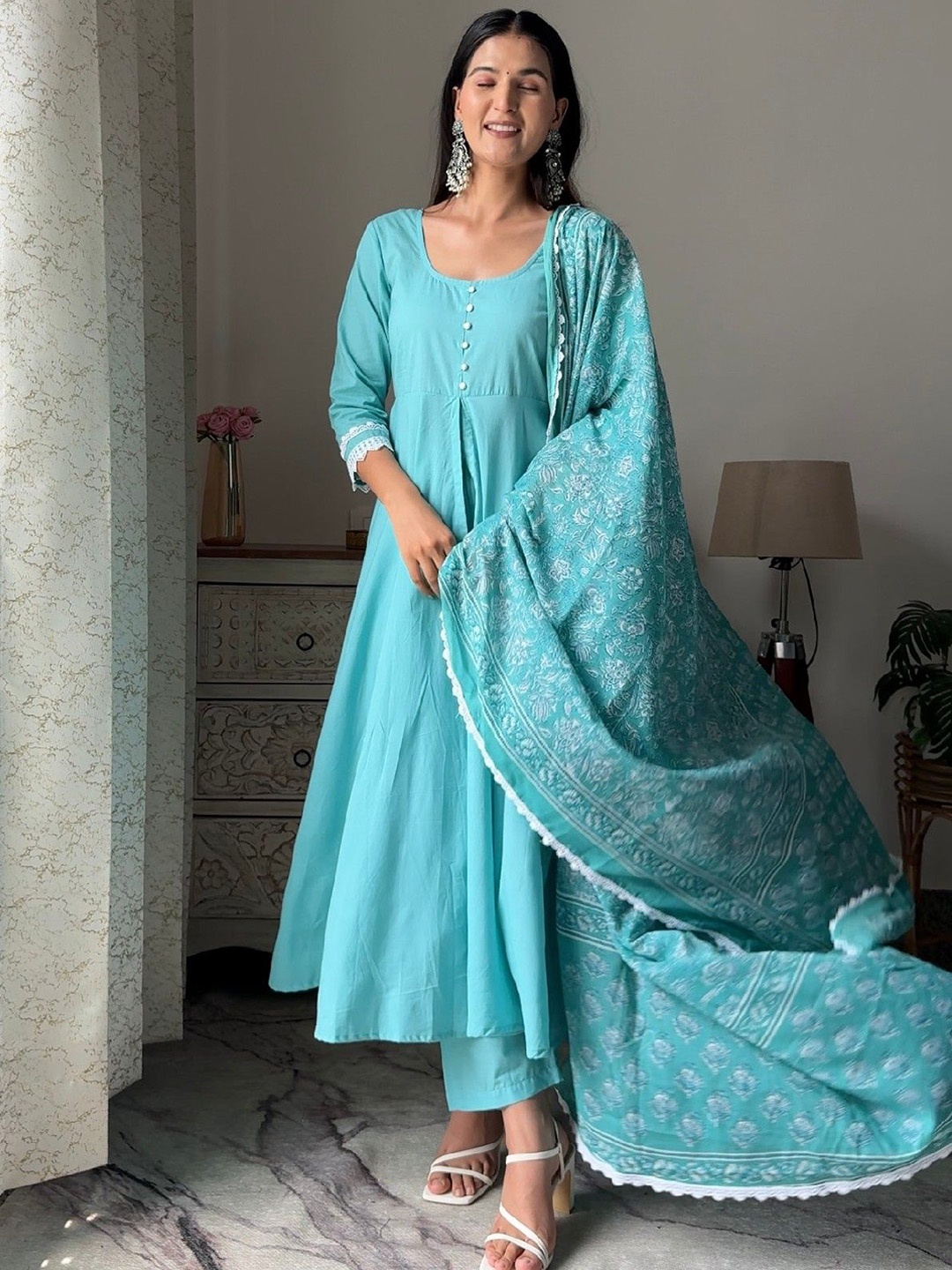 

LABEL KRISHA Pleated Round Neck Pure Cotton A-Line Kurta With Trousers And Dupatta, Blue