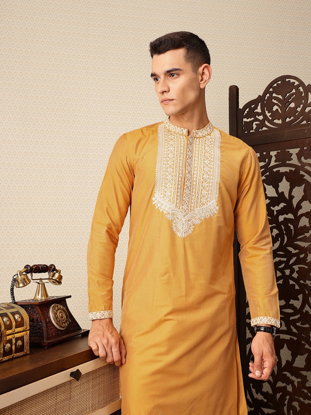 

House of Pataudi Yoke Design Sequin Embroidered Jashn Kurta, Mustard