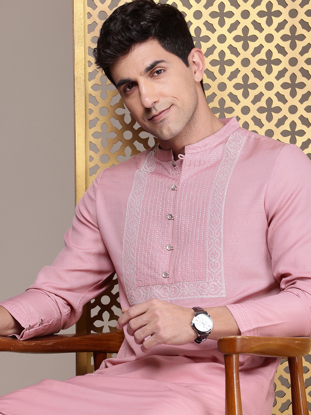 

House of Pataudi Ethnic Motifs Yoke Design Mandarin Collar Thread Work Jashn Kurta, Pink